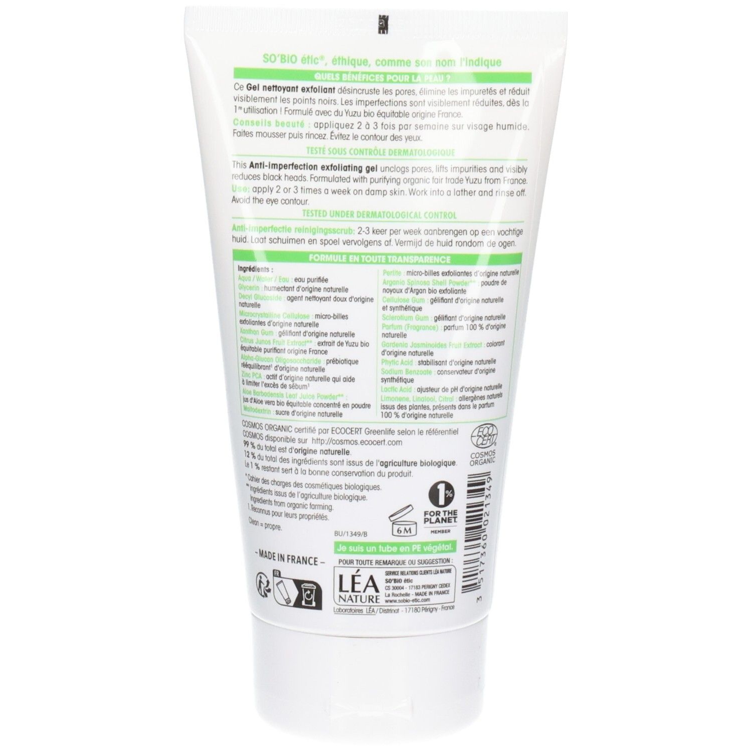 Achterkant van de tube. Meertalige tekst. Ingrediënten en bio-certificering. Groene achtergrond.