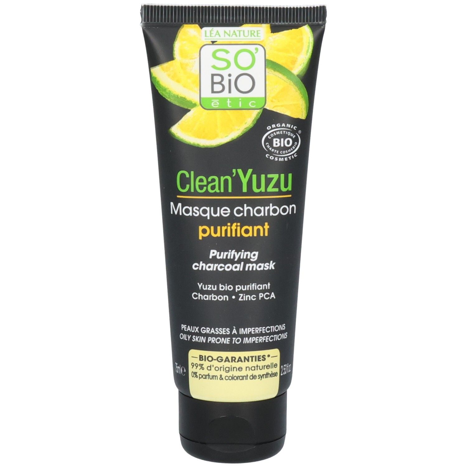Zwarte tube met gele yuzu-schijfjes en tekst. Logo "So Bio étic" en "Clean'Yuzu Masque charbon purifiant" zichtbaar.