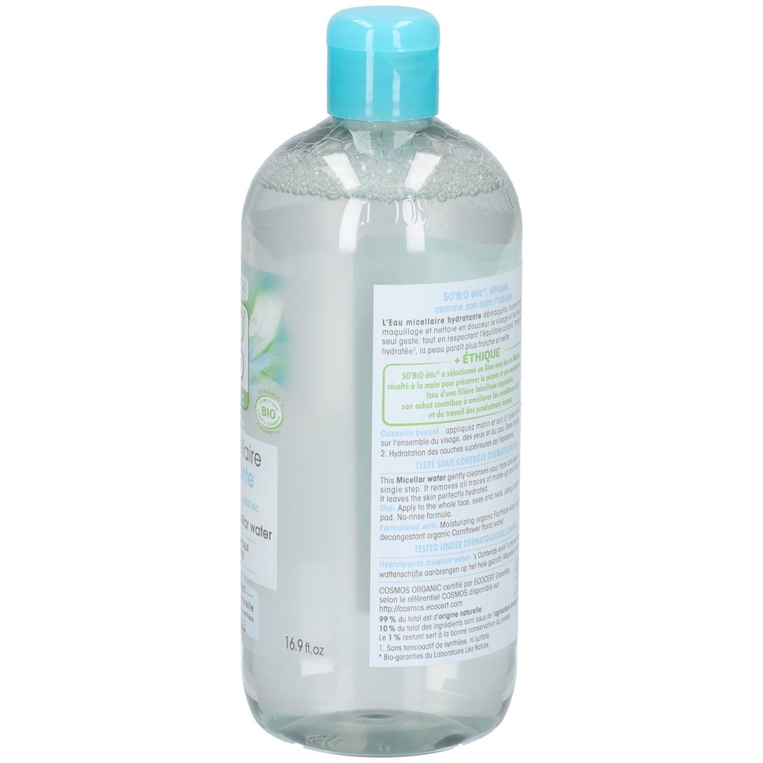 Achterkant van de fles. Meertalige tekst. Informatie over ingrediënten en fabrikant.
