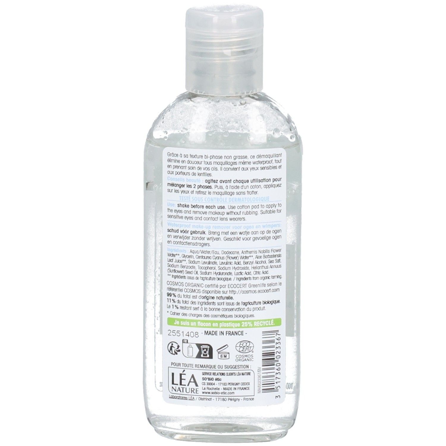 Achterkant van de fles. Etiket met tekst, ingrediënten en bio-certificering. Gemaakt in Frankrijk.