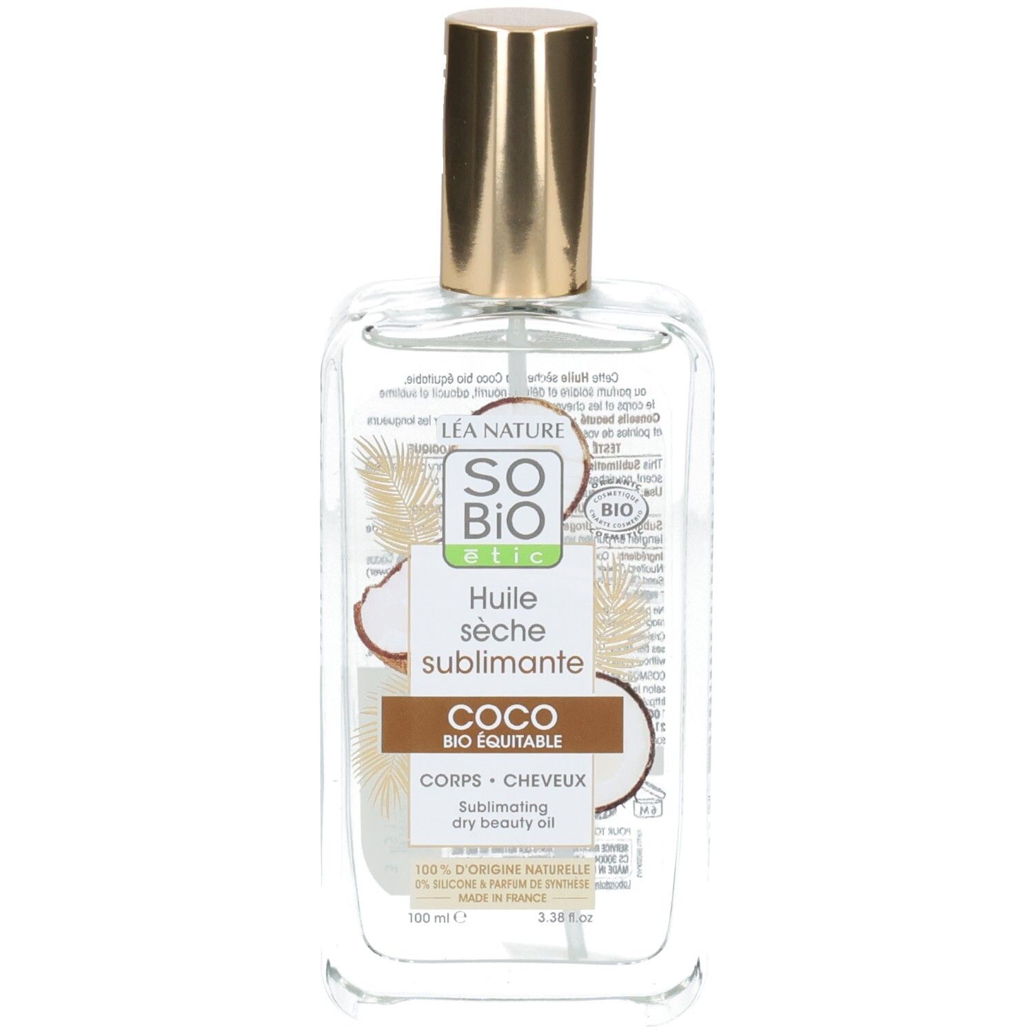 Flacon en verre transparent avec bouchon doré. Contient de l'huile. Étiquette: So Bio Etic Huile sèche sublimante Coco.