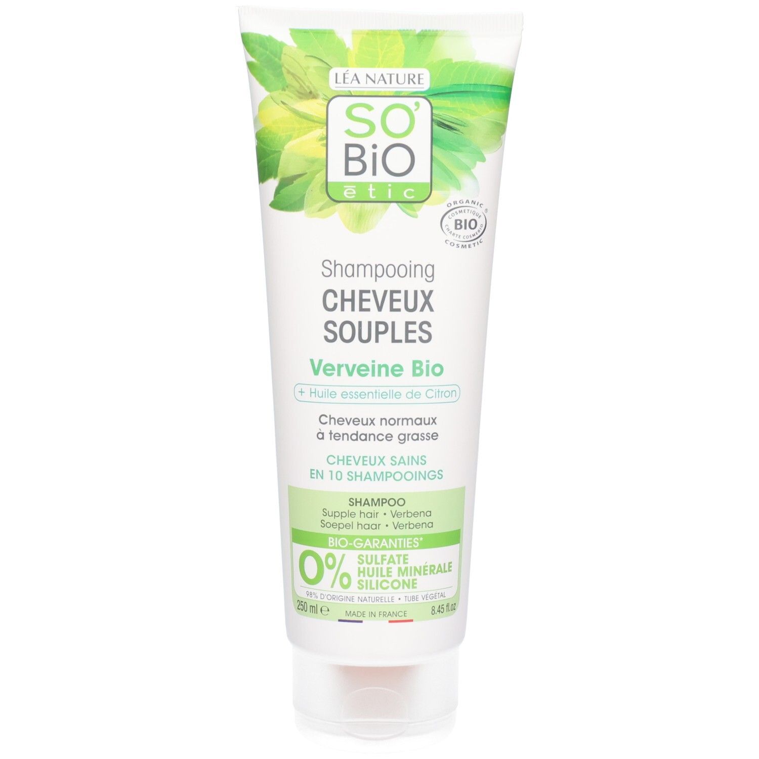 Tube de Shampooing cheveux purifiés, Verveine bio et Zinc PCA. Certifié bio. Logo So'Bio étic.