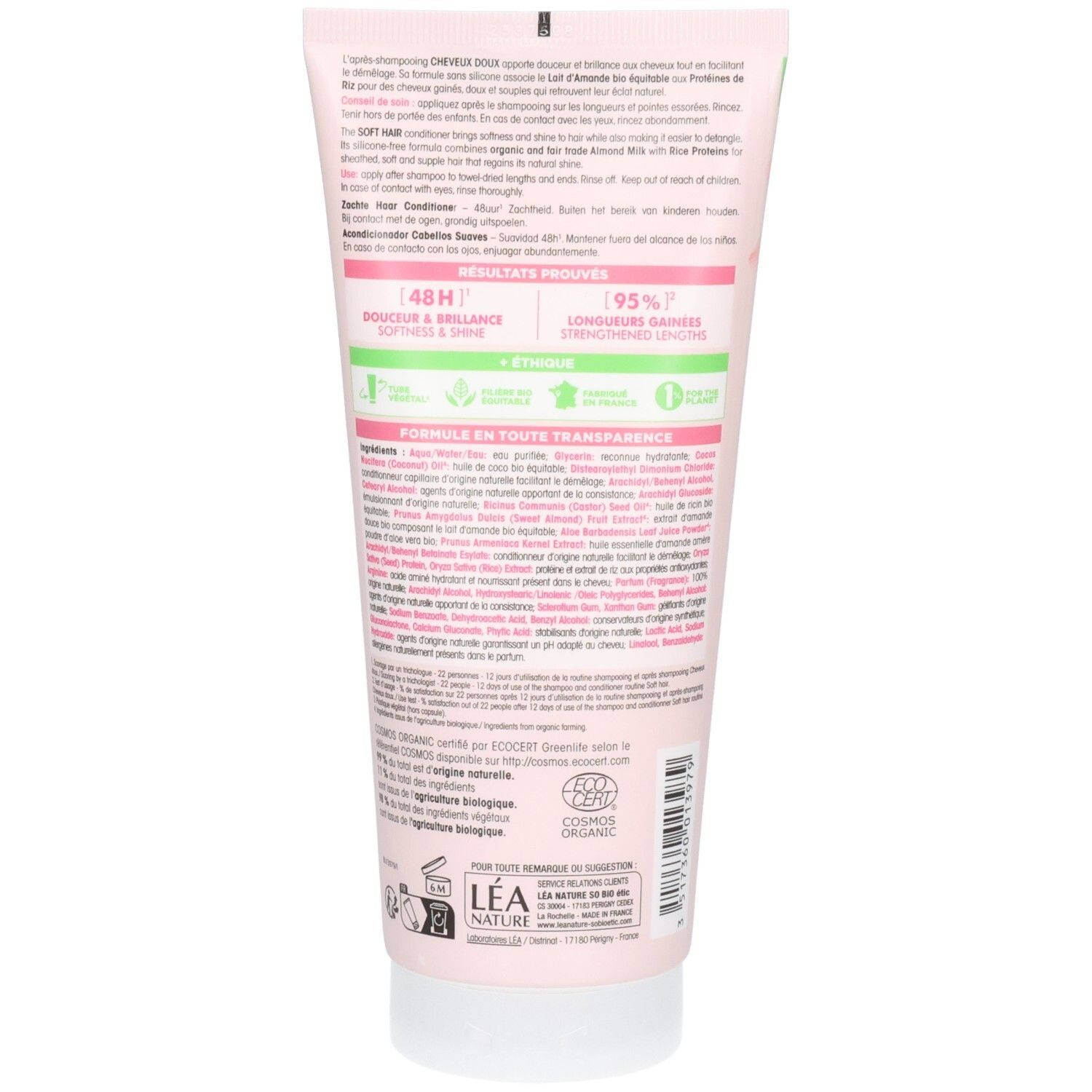 Achterkant van de roze tube. Tekst in het Frans. Bio-certificering. Ingrediënten en andere informatie.