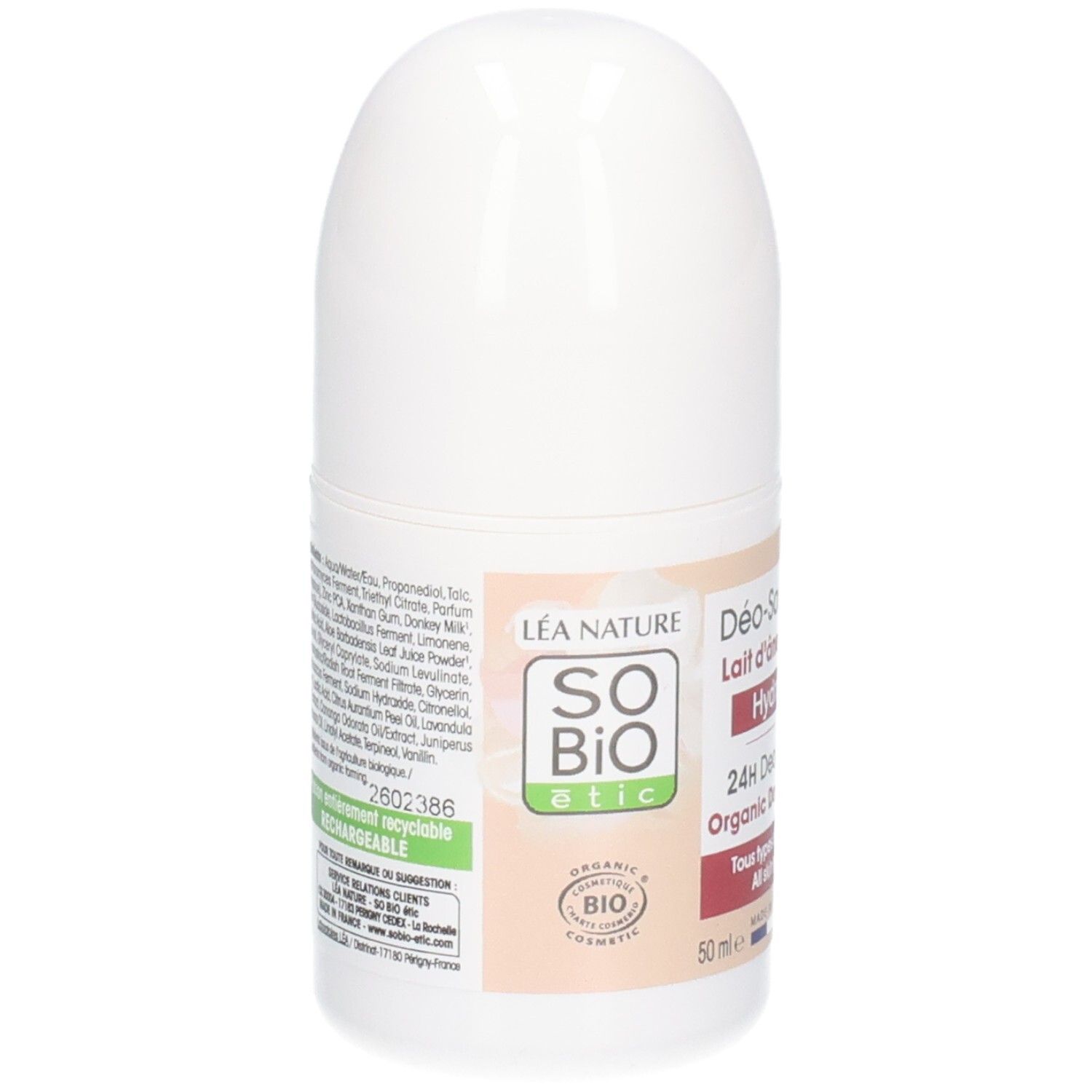 Witte roll-on deodorant. Opschrift: So Bio Etic, 24H Deodorant, Lait d'Ânesse Bio. Bio-certificering.