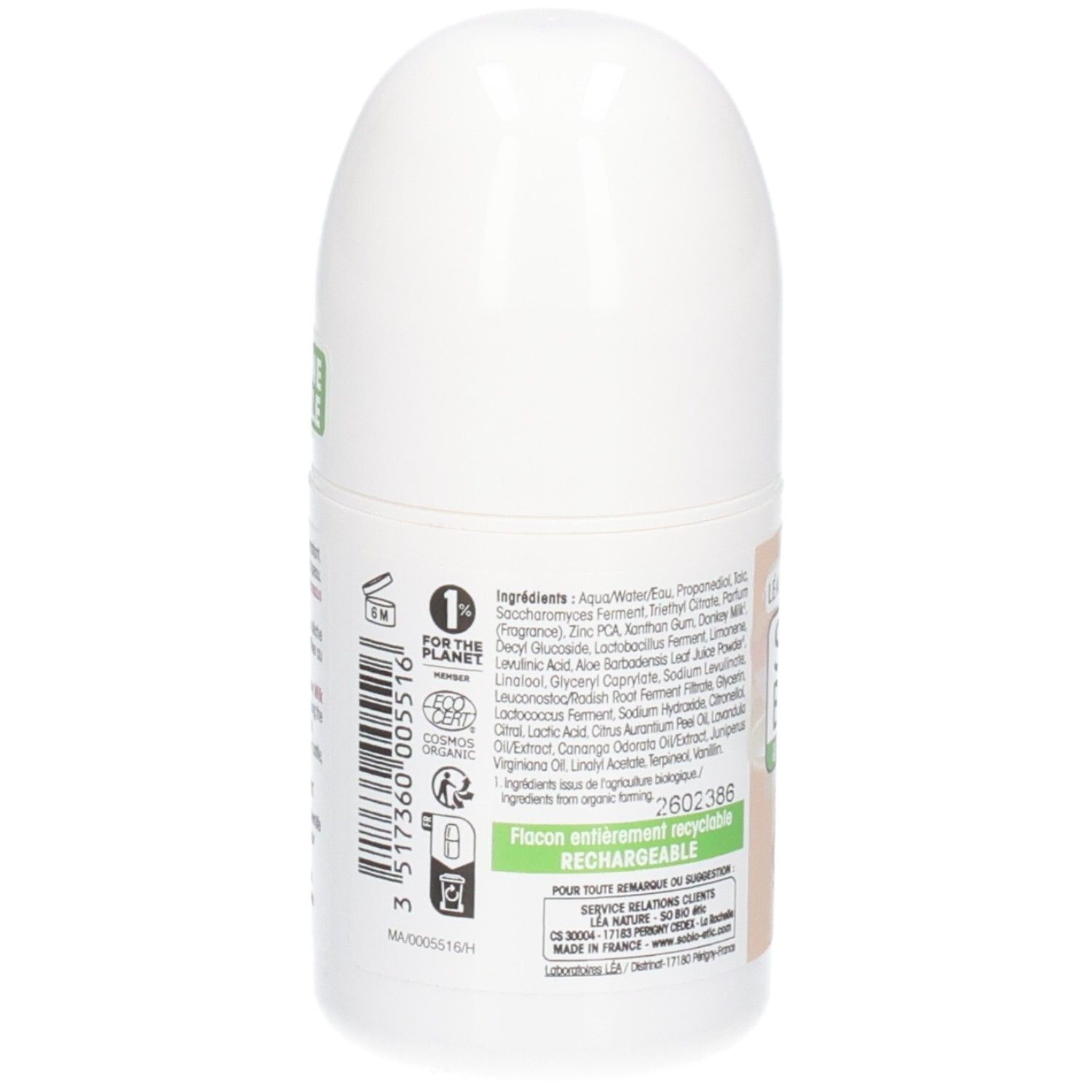 Achterkant van de roll-on deodorant. Ingrediëntenlijst. Opschrift: Flacon entièrement recyclable. 1% voor de planeet.