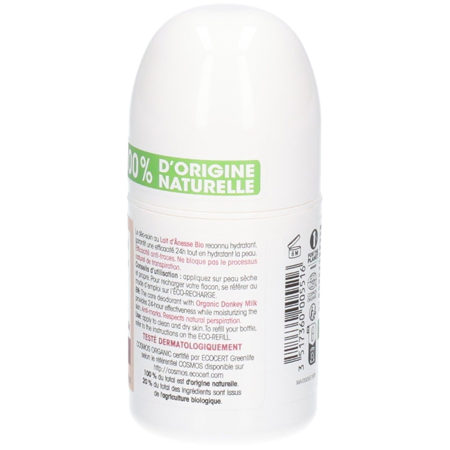 Achterkant van de roll-on deodorant. Opschrift: 100% d'origine naturelle. Tekst over gebruik en ingrediënten.