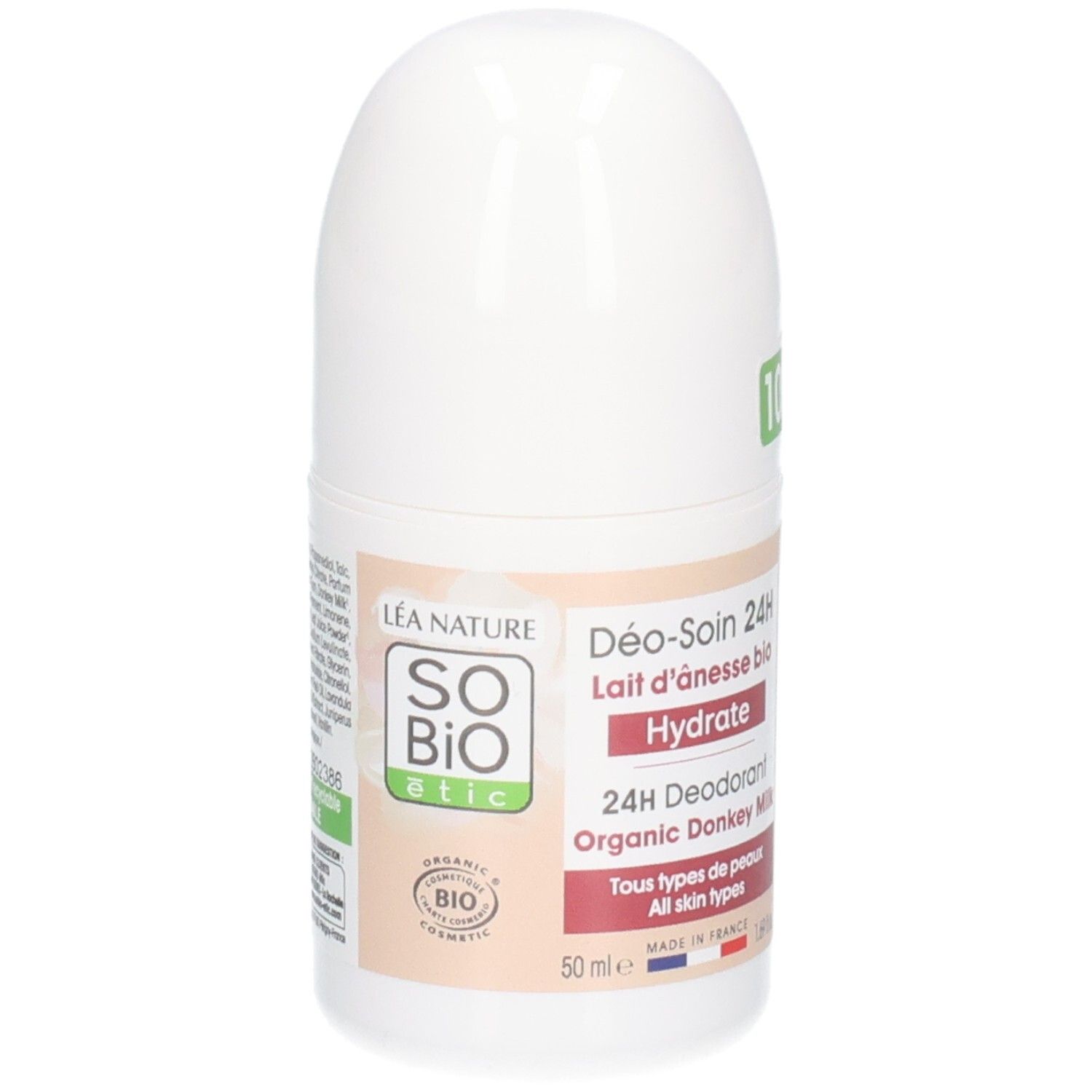 Witte roll-on deodorant. Opschrift: So Bio Etic, 24H Deodorant, Lait d'Ânesse Bio, Hydrate. Alle huidtypen.