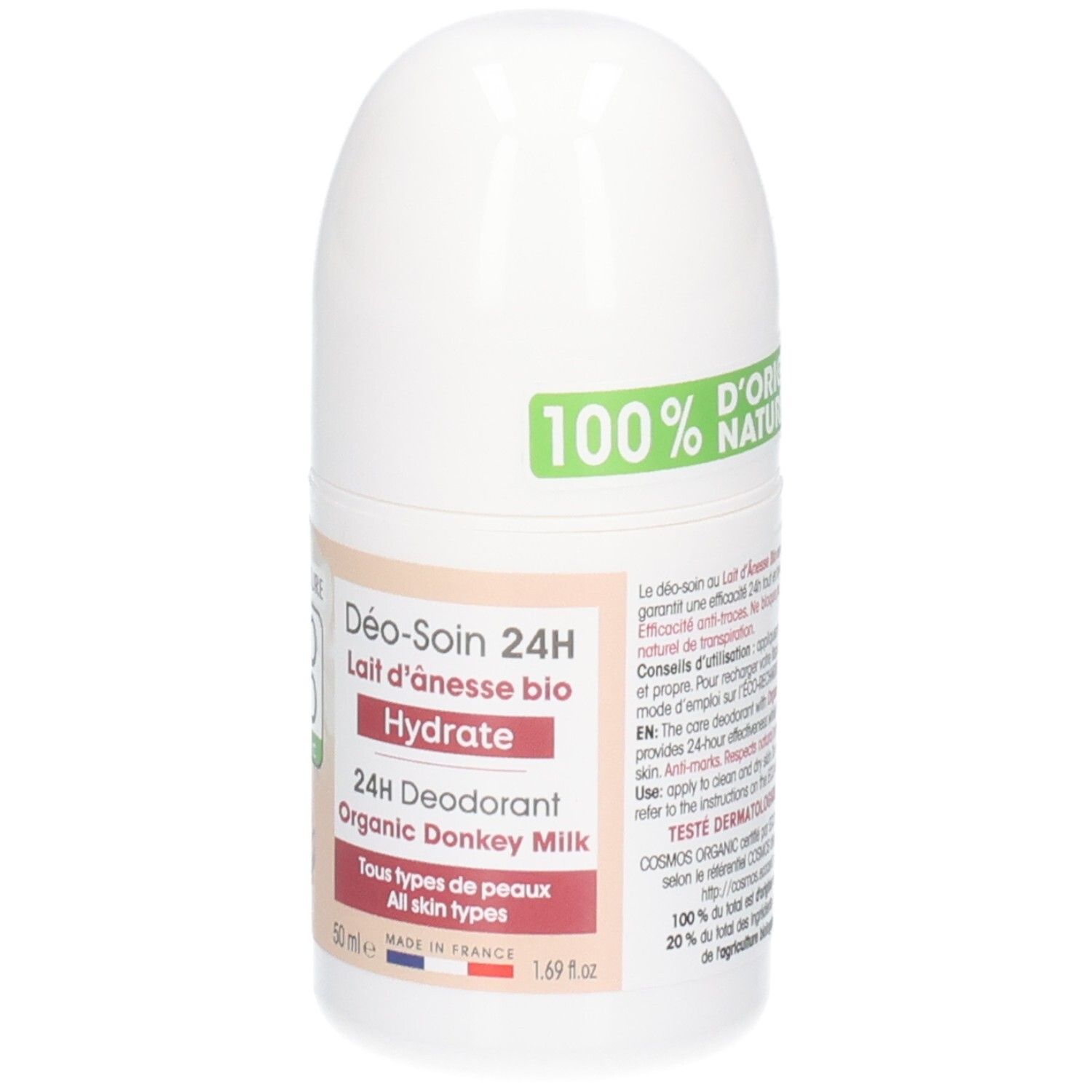 Witte roll-on deodorant. Opschrift: 100% d'origine naturelle. 24H Deodorant, Lait d'Ânesse Bio, Hydrate.