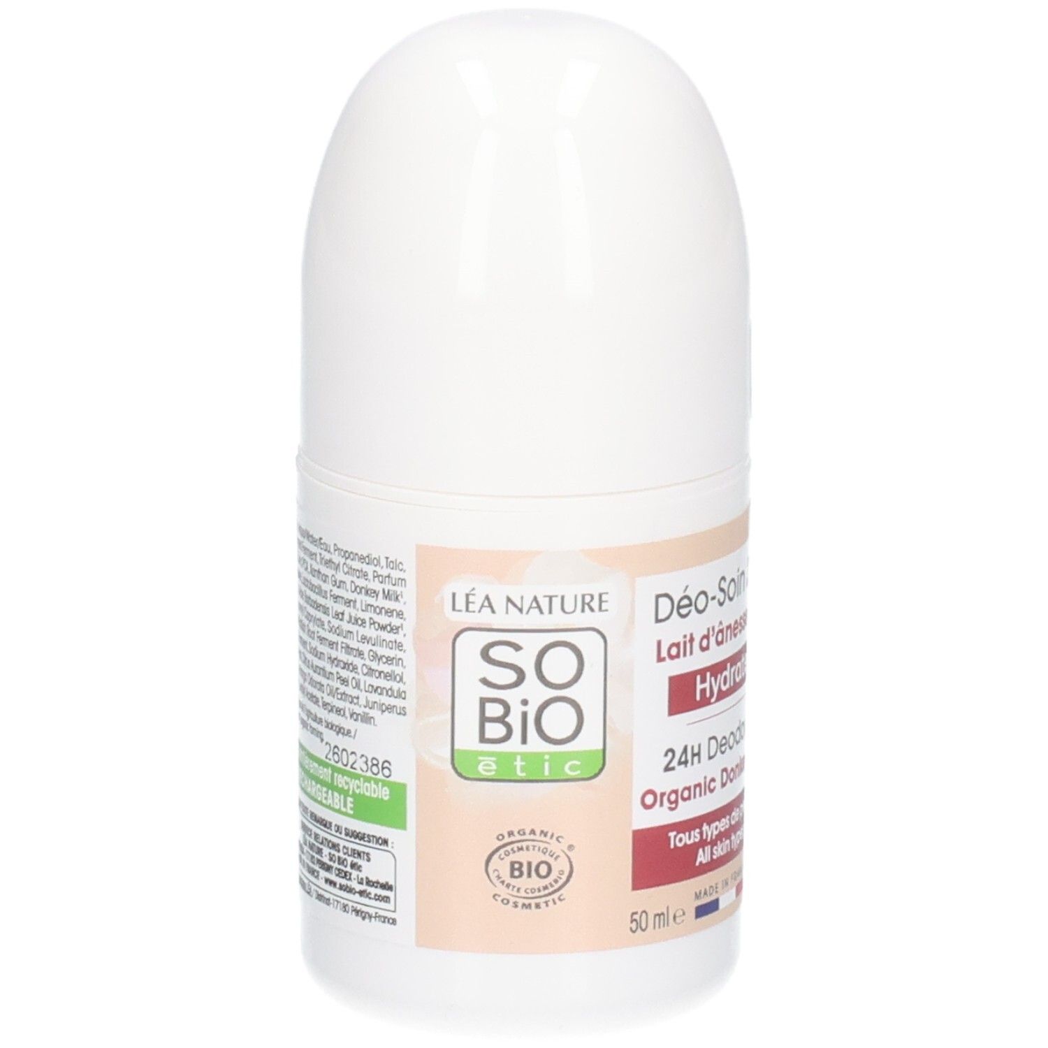 Witte roll-on deodorant. Opschrift: So Bio Etic, 24H Deodorant, Lait d'Ânesse Bio. Bio-certificering.