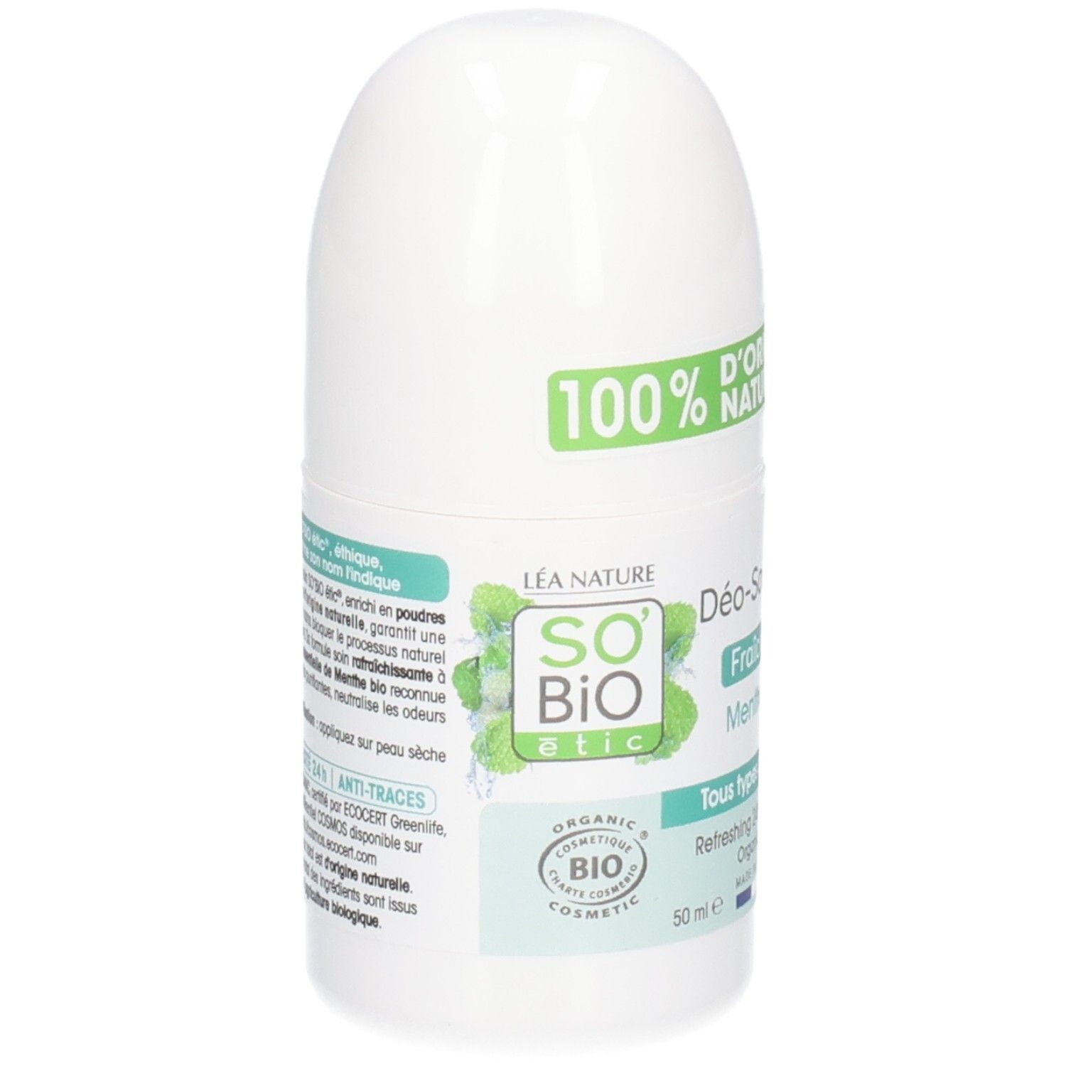Witte roll-on deodorant met groen etiket. Opschrift: So Bio Etic, Menthe Bio, 100% d'origine naturelle. Bio-certificering.