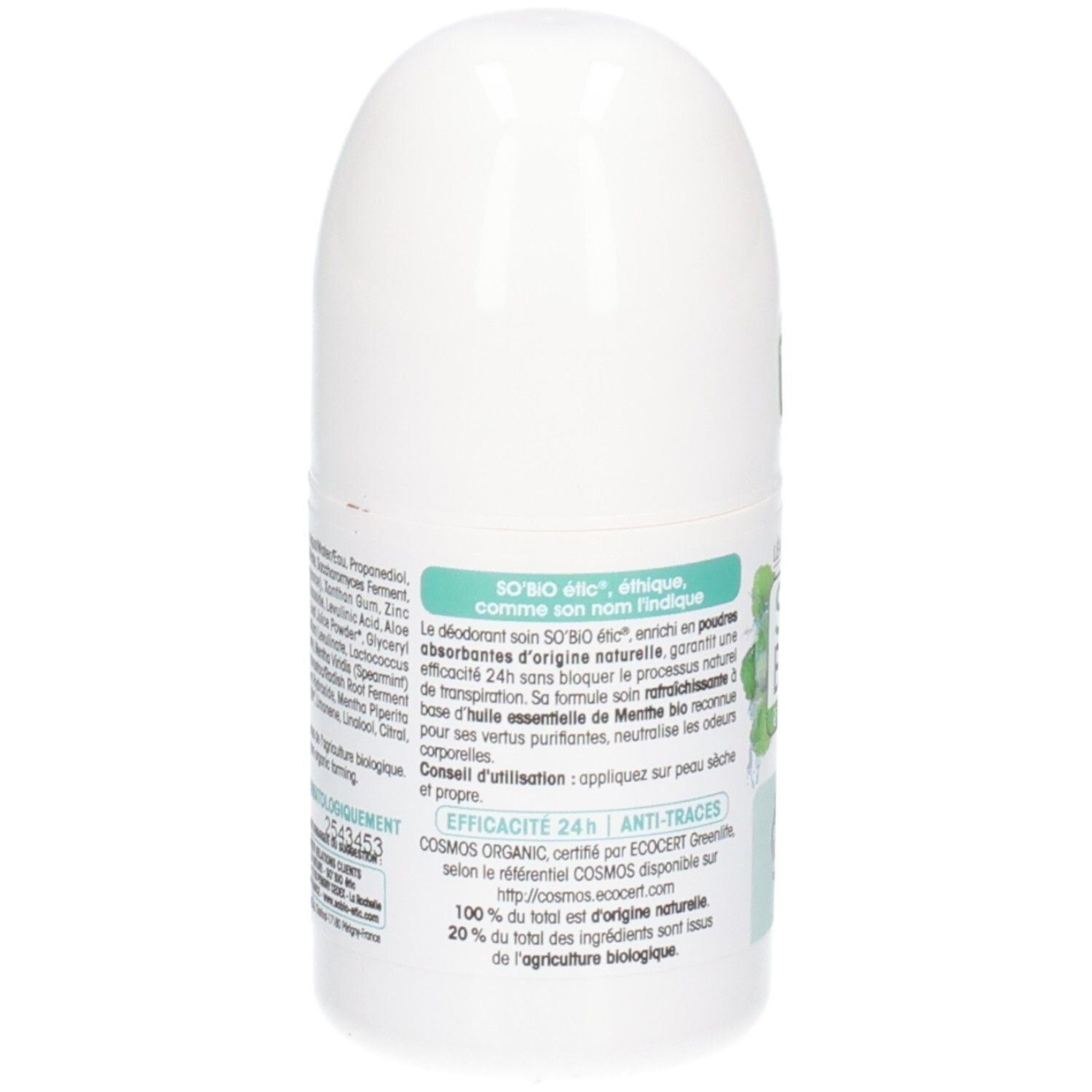 Achterkant van de witte roll-on. Tekst: So Bio Etic, Efficacité 24h, gecertificeerd COSMOS ORGANIC. Ingrediënten en bio-certificering.