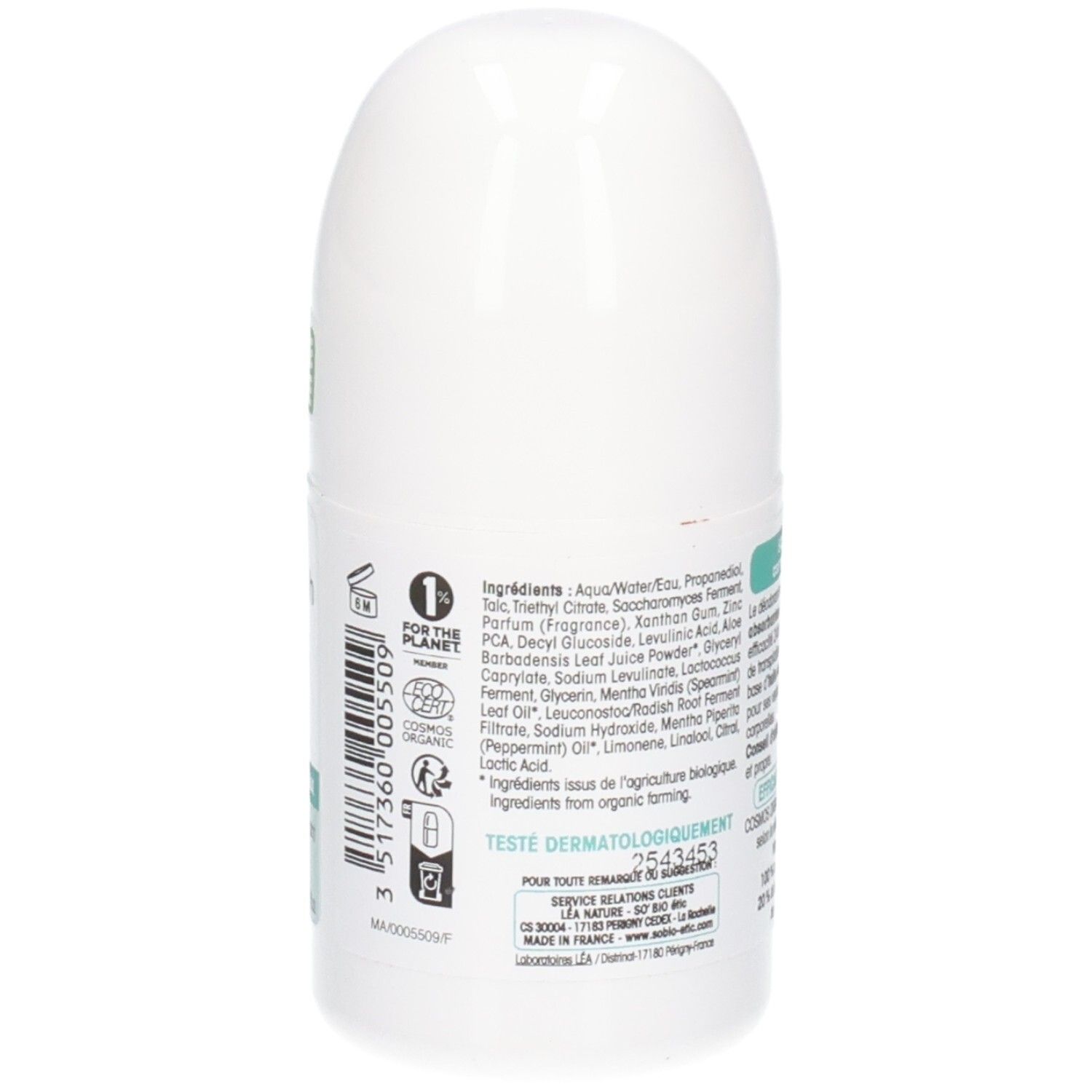 Achterkant van de witte roll-on. Ingrediënten en certificeringen. Tekst: Testé dermatologiquement. Gemaakt in Frankrijk.