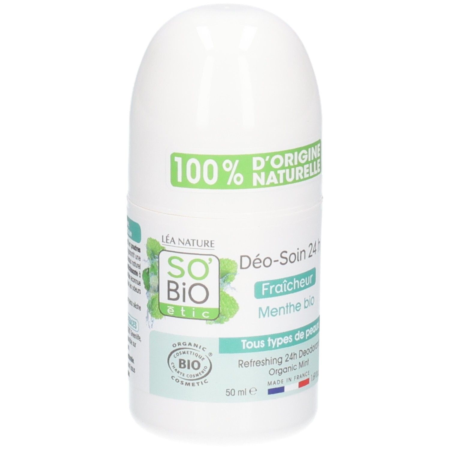 Witte roll-on deodorant met groen etiket. Opschrift: So Bio Etic, Menthe Bio, 100% d'origine naturelle. Bio-certificering.
