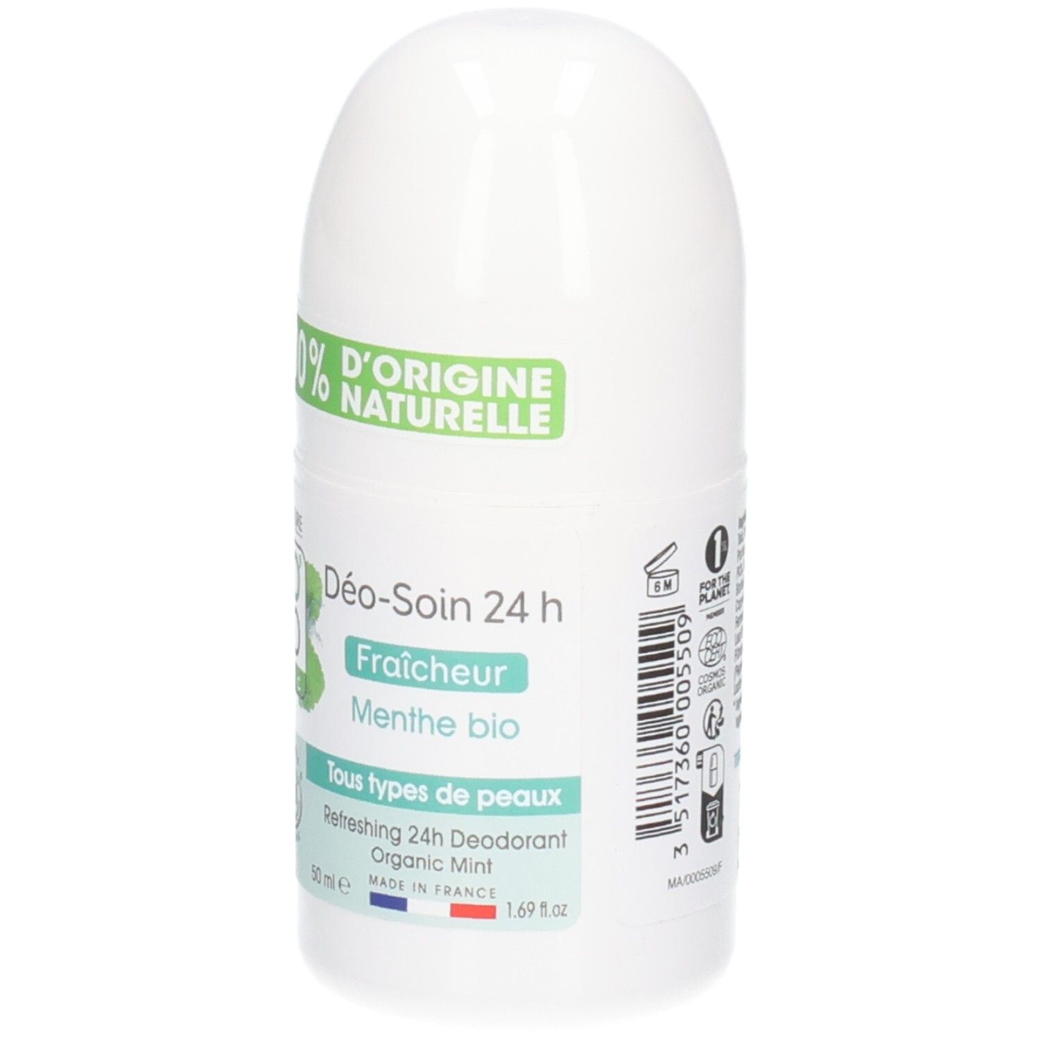 Witte roll-on deodorant met groen etiket. Opschrift: So Bio Etic, Menthe Bio, 100% d'origine naturelle. Volume: 1.69 fl oz.