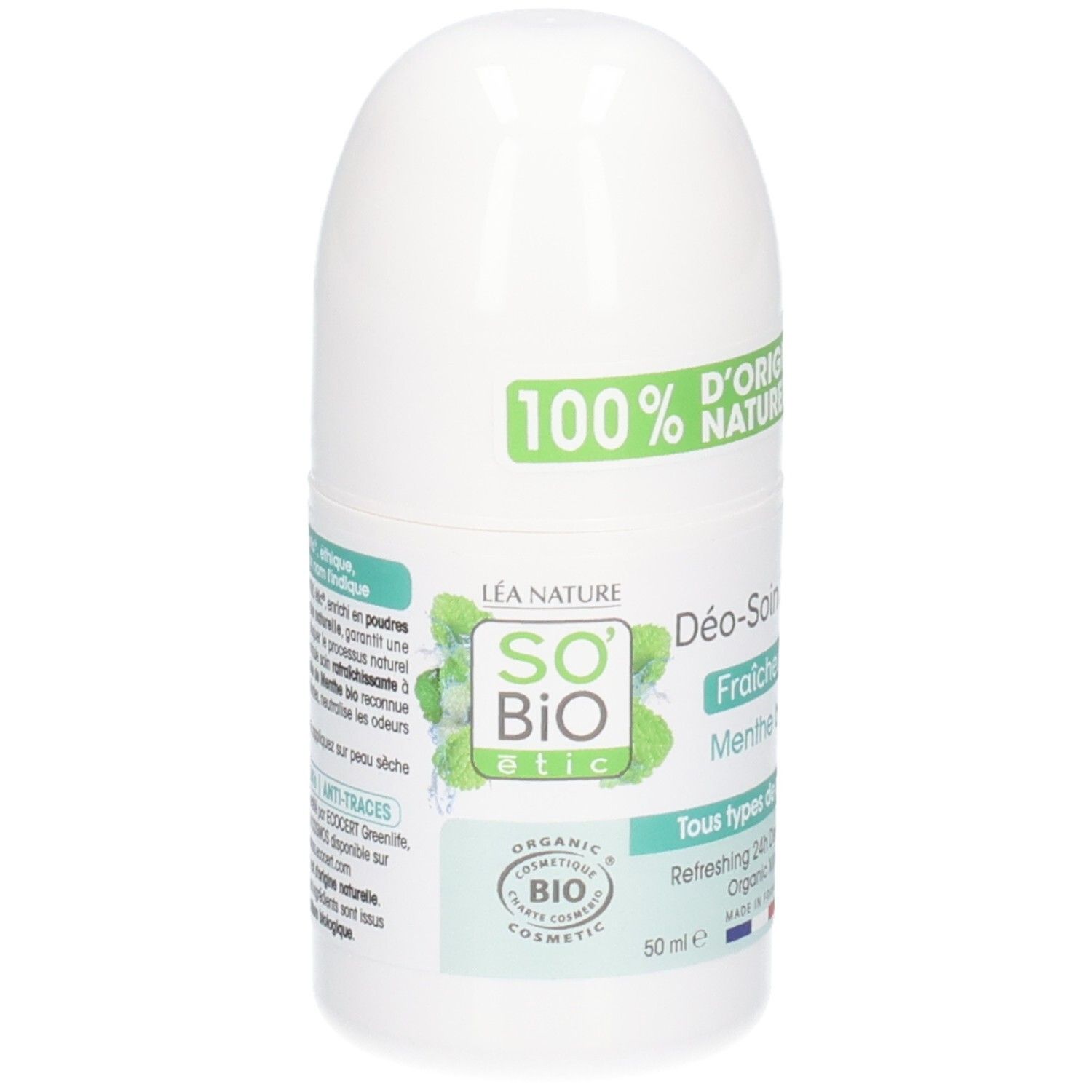 Witte roll-on deodorant met groen etiket. Opschrift: So Bio Etic, Menthe Bio, 100% d'origine naturelle. Bio-certificering.