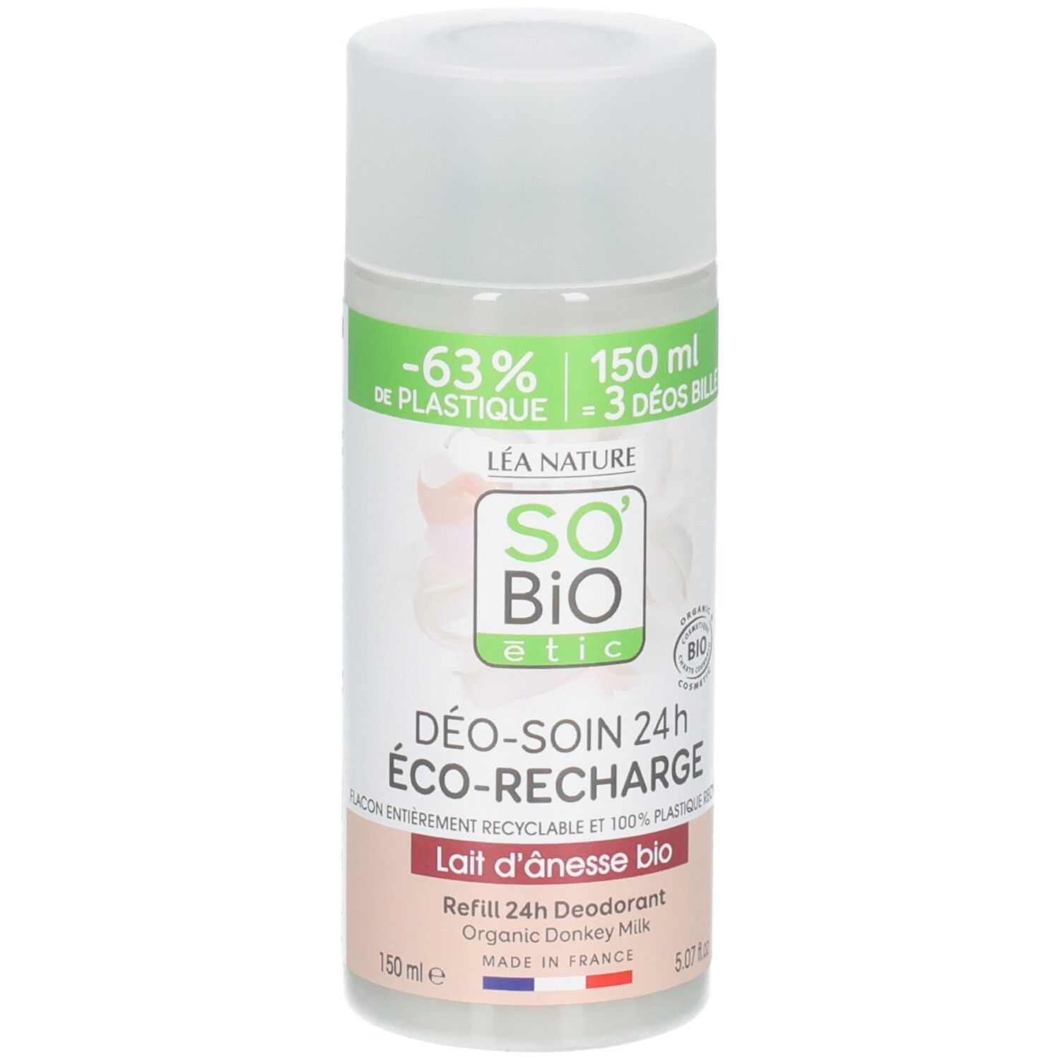 Roll-on déodorant avec bouchon blanc. Inscription: So Bio Etic, Déo-Soin 24h, Lait d'Ânesse bio. Certification bio.