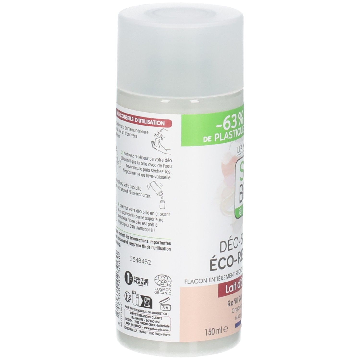 Dos du roll-on déodorant. Texte: mode d'emploi, informations recyclage, certification bio.