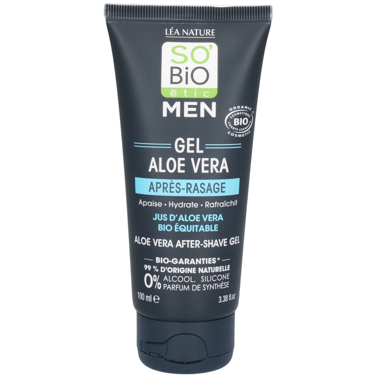 Donkerblauwe tube met productinformatie. Opschrift: Gel Aloe Vera Après-rasage. Bio-certificering.