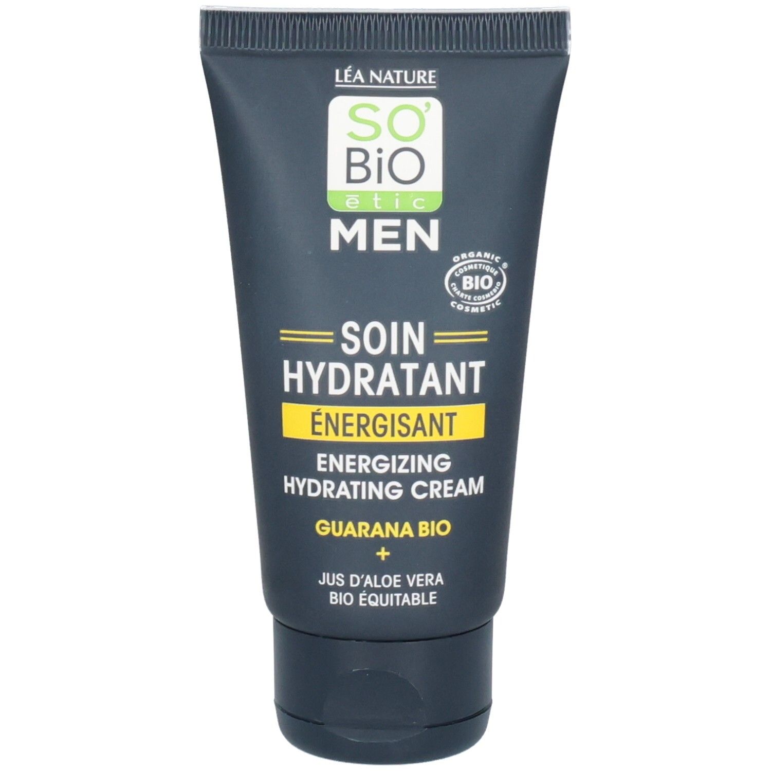 Zwarte tube met groene en gele tekst. Bevat « SO Bio étic MEN Soin Hydratant Energisant ». Bio-certificering.