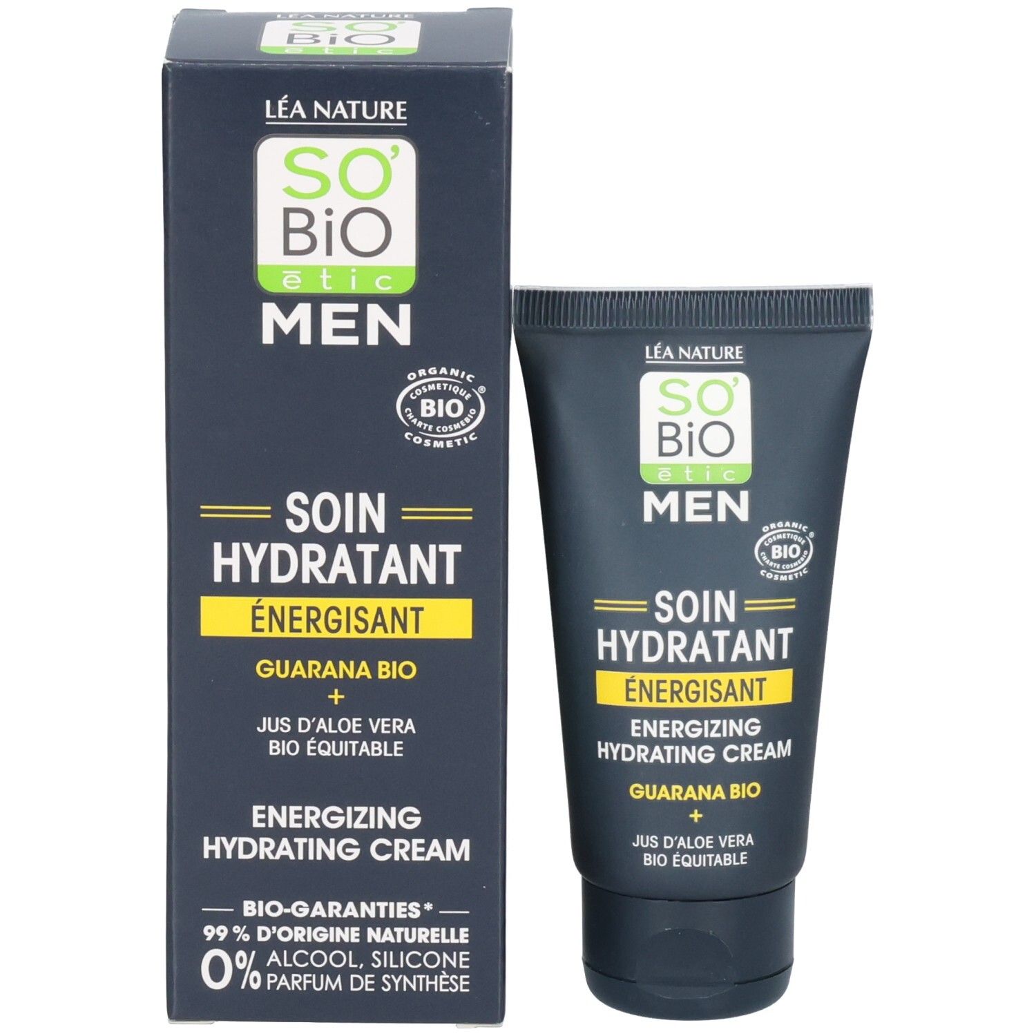Productverpakking. Zwarte doos en tube. Bevat « SO Bio étic MEN Soin Hydratant Energisant ». Bio-certificering.