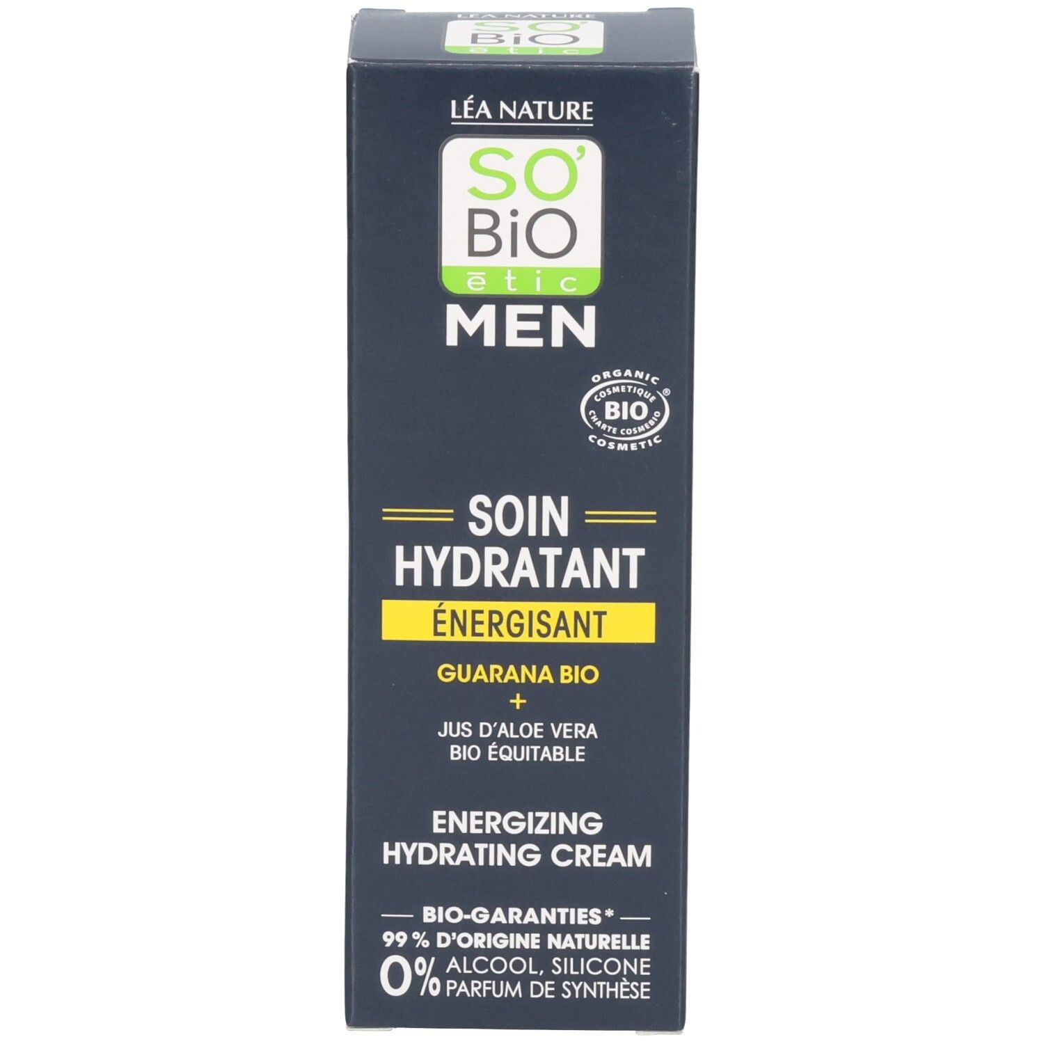 Zwarte doos met groene en gele tekst. Bevat « SO Bio étic MEN Soin Hydratant Energisant ». Bio-certificering.