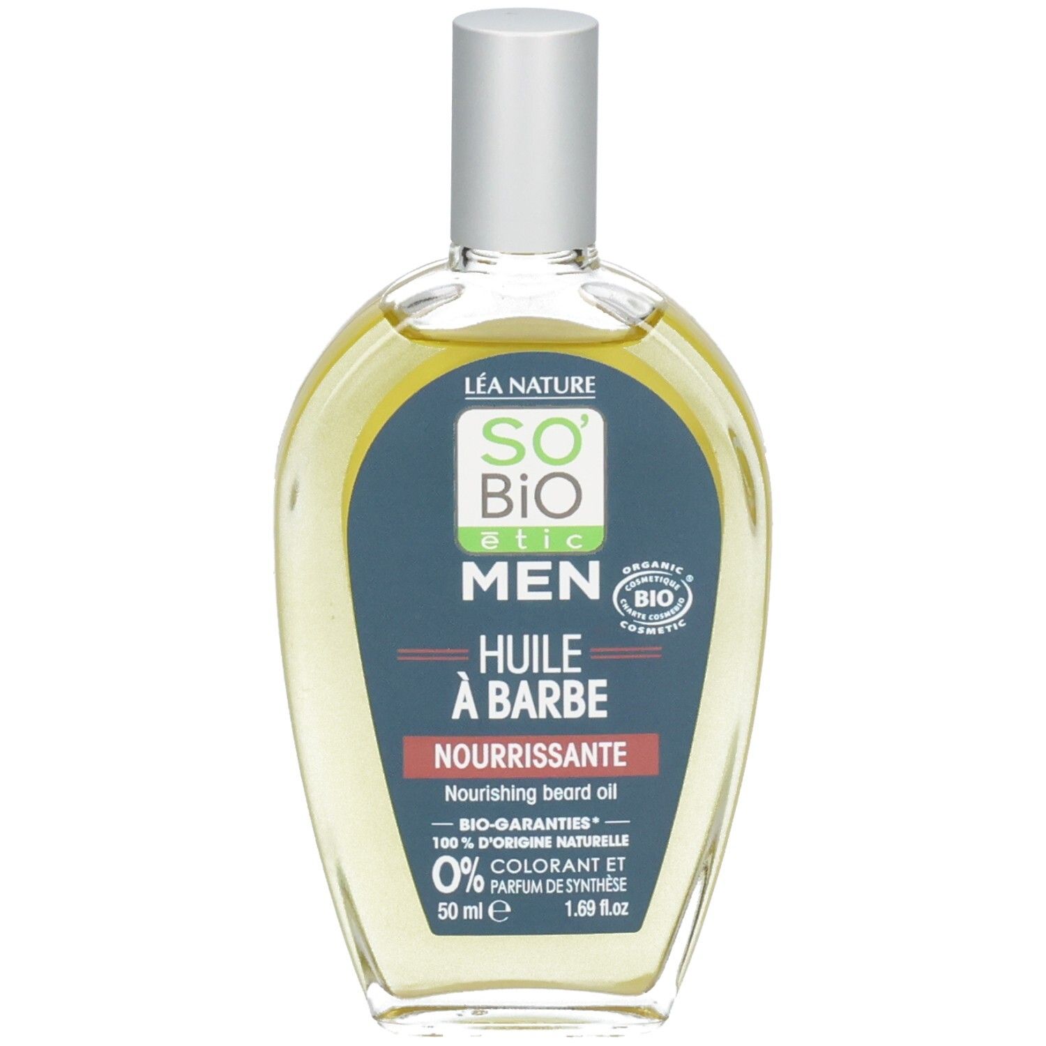 Transparante olie in glazen fles met zilveren dop. Etiket met tekst: So Bio Etic Men, Huile à Barbe Nourrissante.