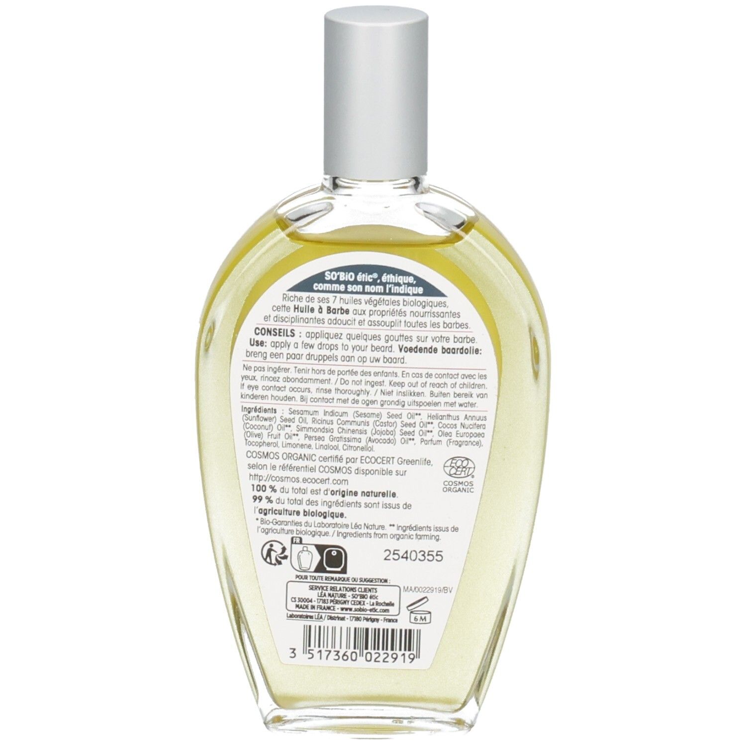 Achterkant van de glazen fles. Etiket met tekst en ingrediënten. COSMOS ORGANIC certificering.