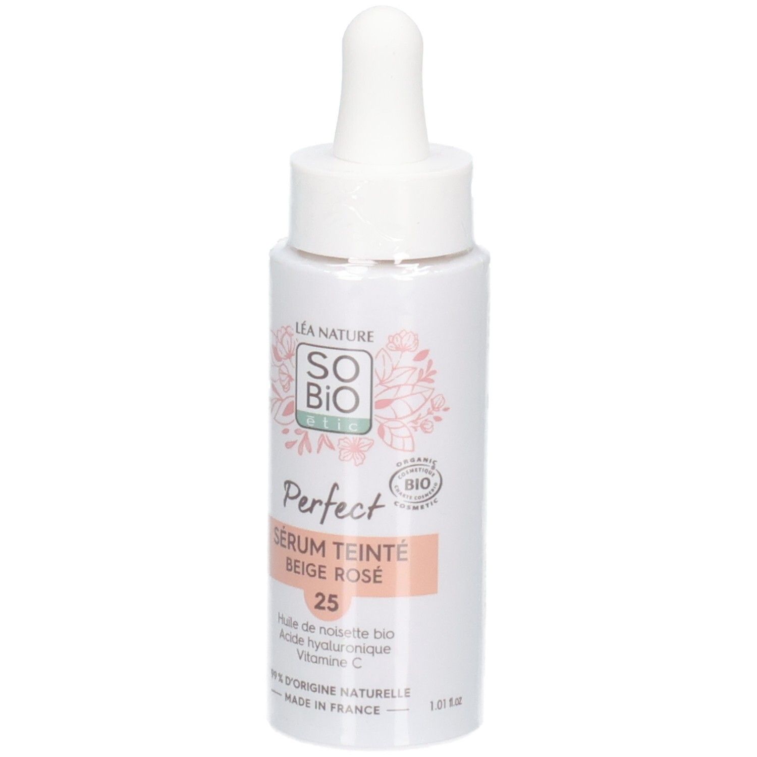 Flacon blanc avec compte-gouttes. Inscription: So Bio, Perfect Sérum Teinté Beige Rosé, 25. Avec label bio.