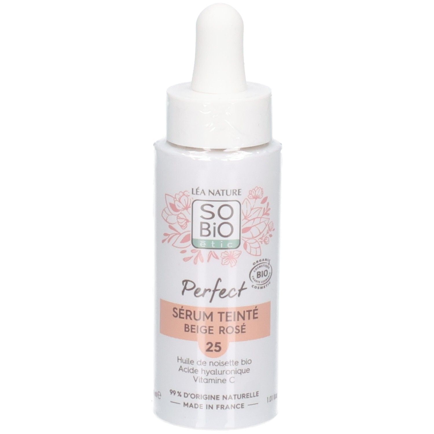 Flacon blanc avec compte-gouttes. Inscription: So Bio, Perfect Sérum Teinté Beige Rosé, 25. Avec label bio.