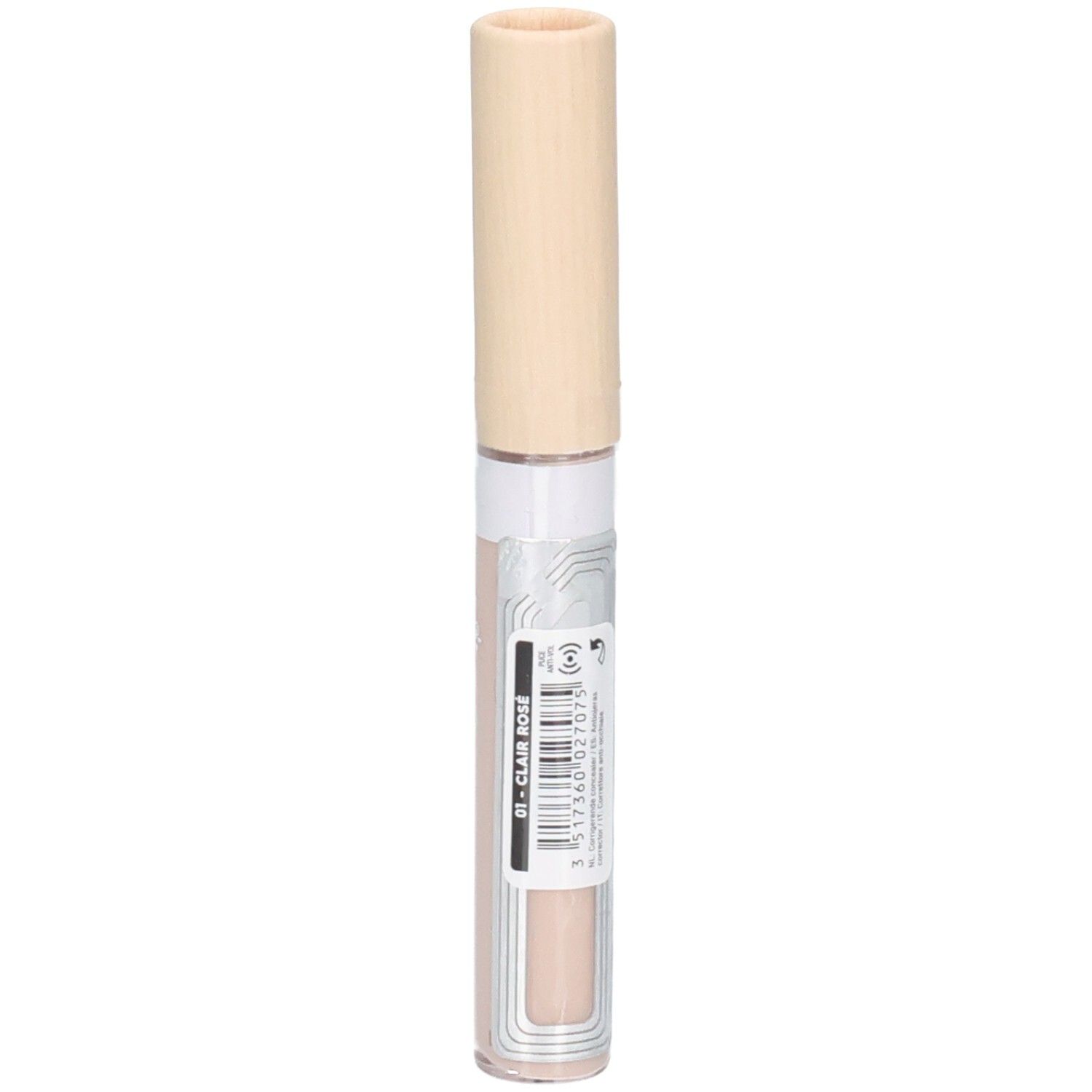 Correcteur beige clair avec bouchon beige clair. Sur le côté: code couleur 01 Clair Rose. Nom du produit: Anticerne Correcteur.