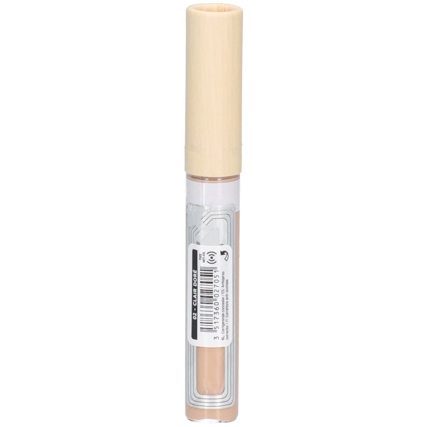 Correcteur beige avec bouchon clair. Étiquette avec code-barres et inscription: 01 Clair Doré.