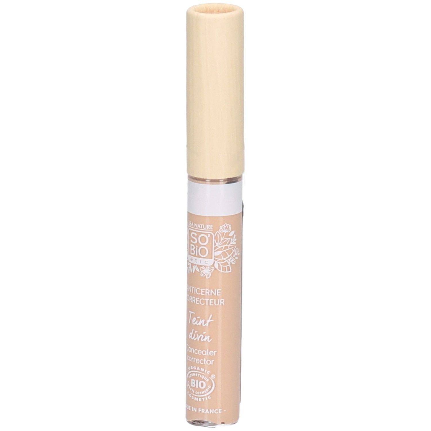 Correcteur beige avec bouchon clair. Inscriptions: SO BIO, Anticerne Correcteur, Teint divin, Concealer corrector.