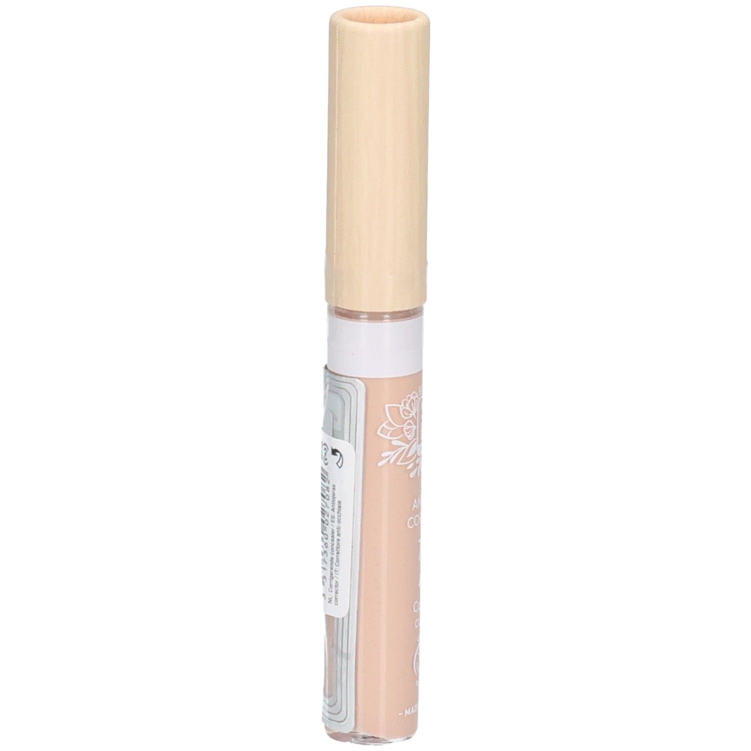 Correcteur de teint avec bouchon beige. Étiquette latérale avec texte et code-barres. Couleur: rosé.