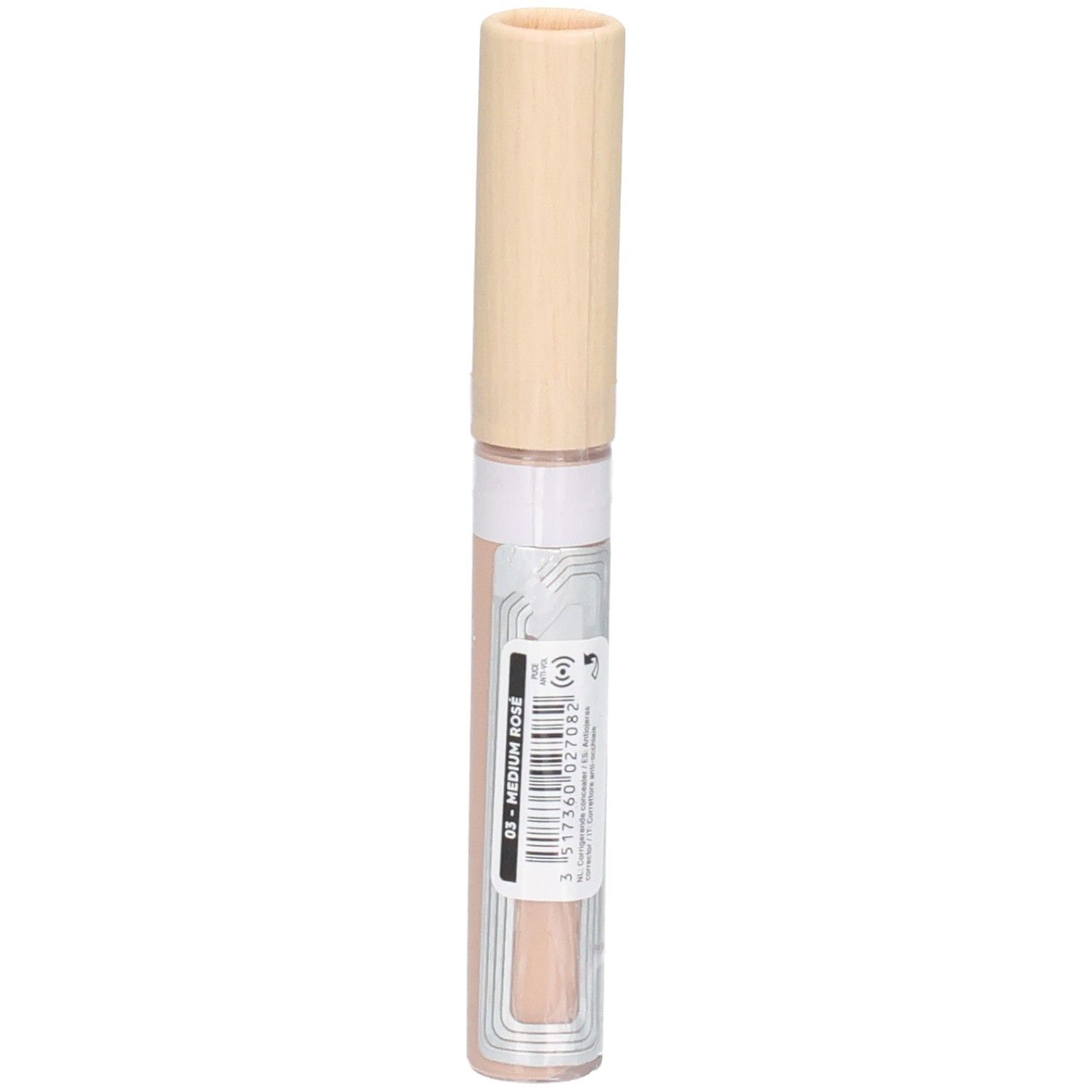 Correcteur de teint avec bouchon beige. Étiquette: 03 - MEDIUM ROSE, code-barres. Couleur: rosé.
