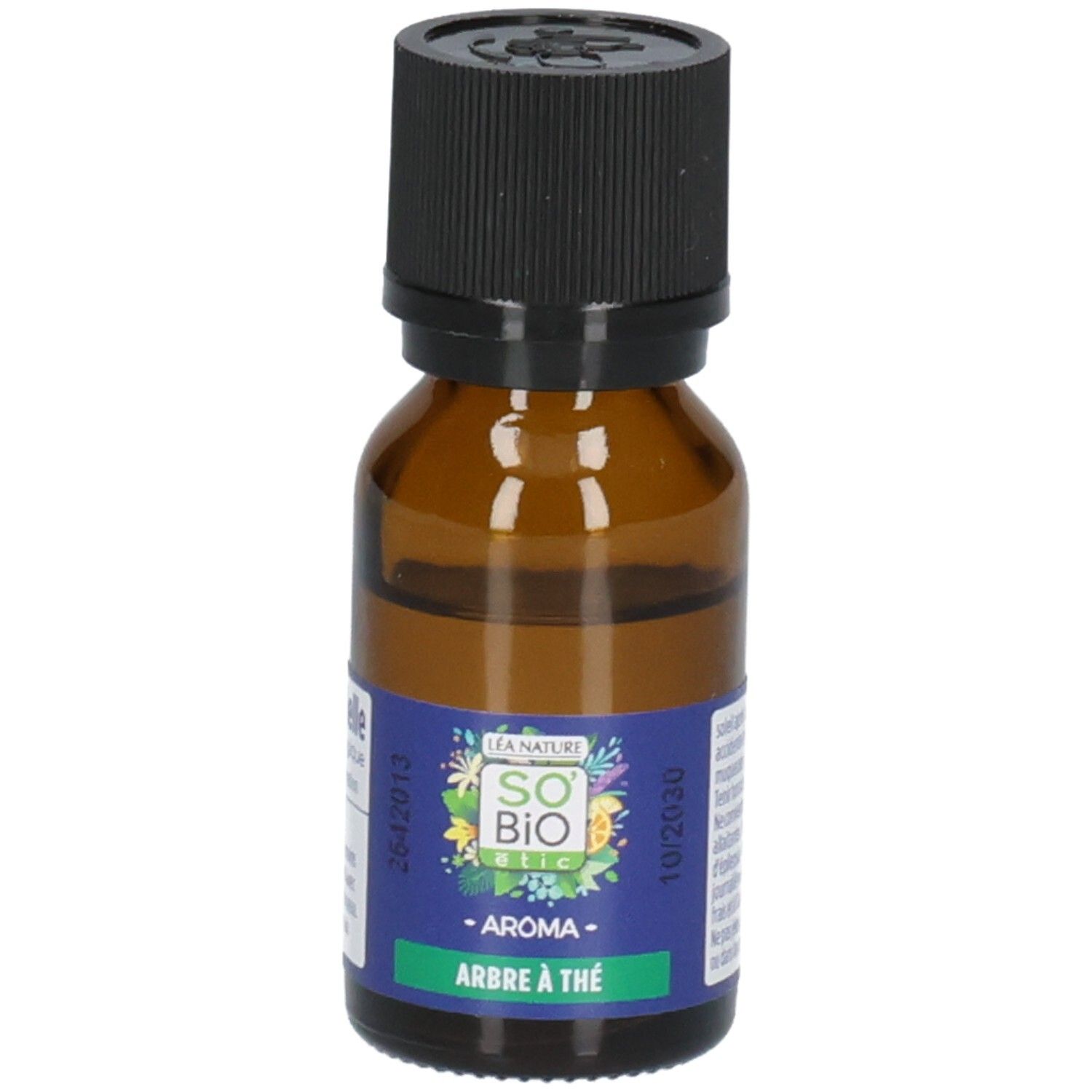 Flacon en verre brun avec bouchon noir et étiquette bleue. Contient de l'huile essentielle de tea tree bio.