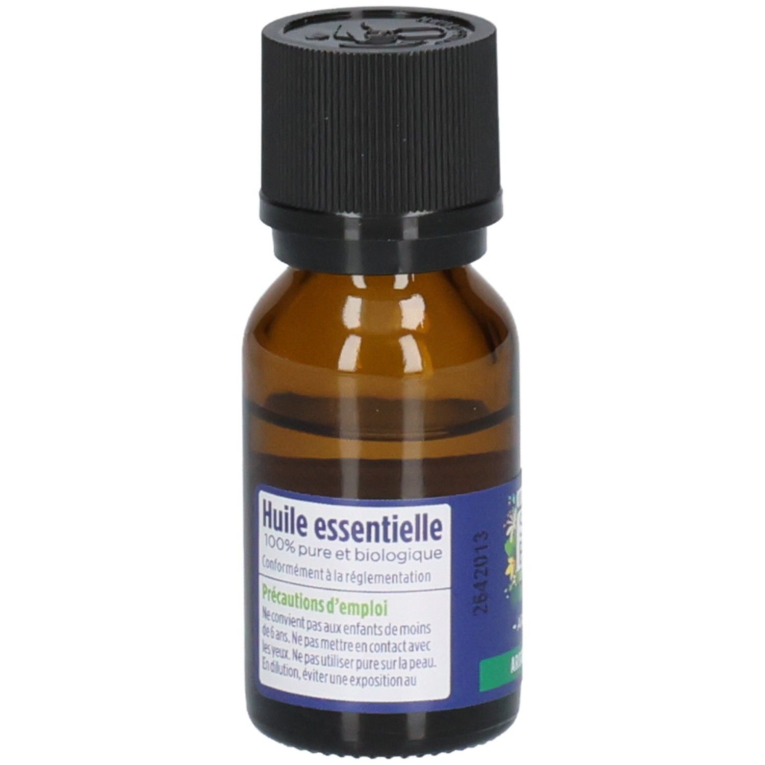 Arrière d'une bouteille d'huile essentielle de tea tree bio avec instructions d'utilisation en français.