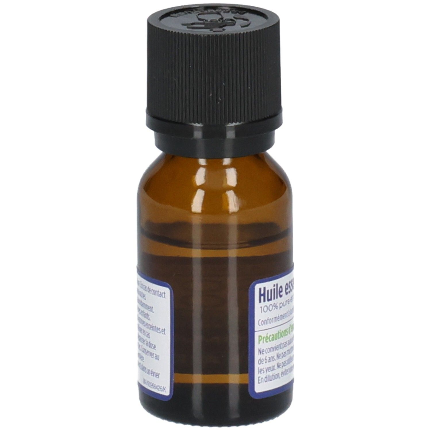 Vue latérale d'une bouteille d'huile essentielle de tea tree bio avec instructions d'utilisation en français.