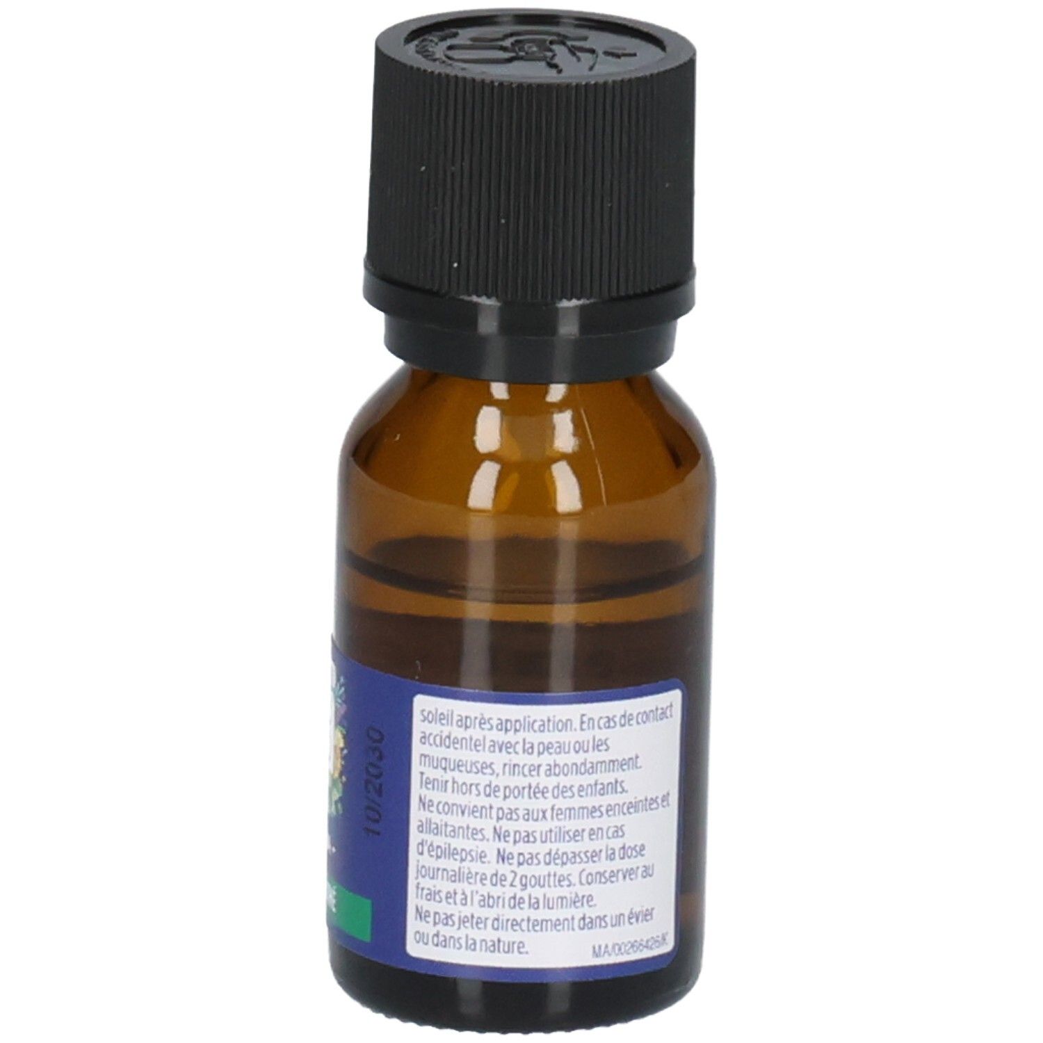 Arrière d'une bouteille d'huile essentielle de tea tree bio avec avertissements en français et date de péremption.