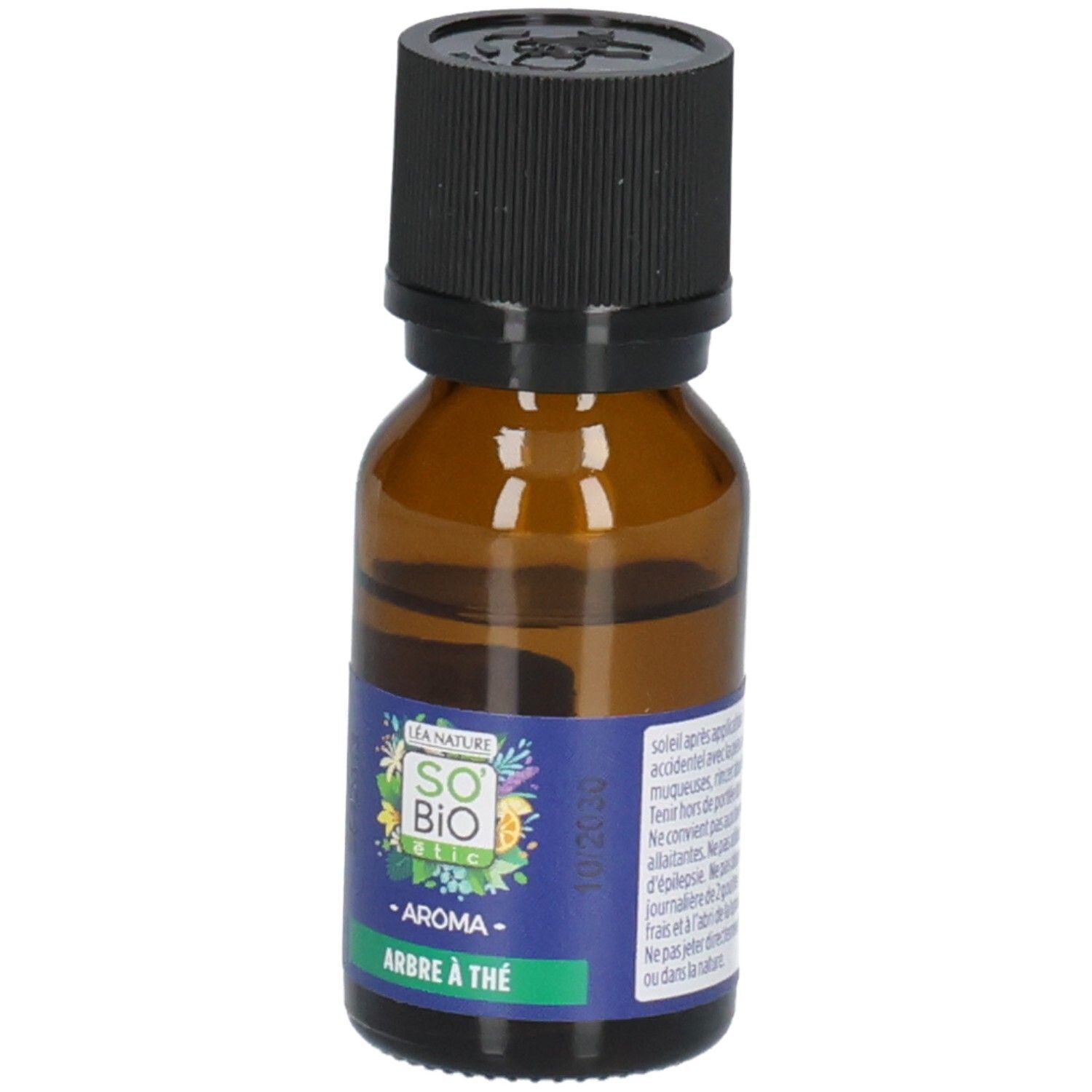 Flacon en verre brun avec bouchon noir et étiquette bleue montrant de l'huile essentielle de tea tree bio.