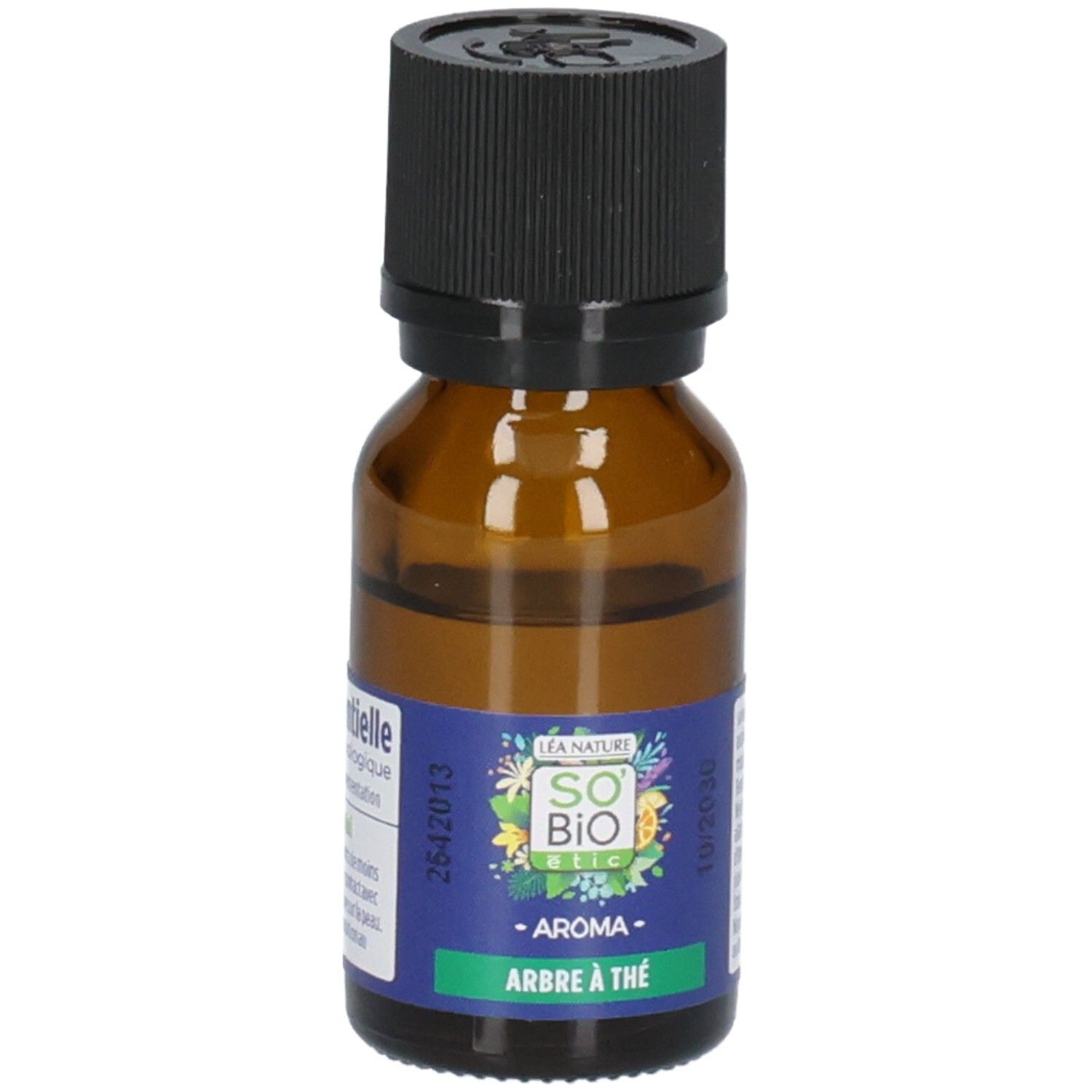 Bouteille et boîte d'huile essentielle de tea tree bio. La boîte présente des illustrations botaniques.