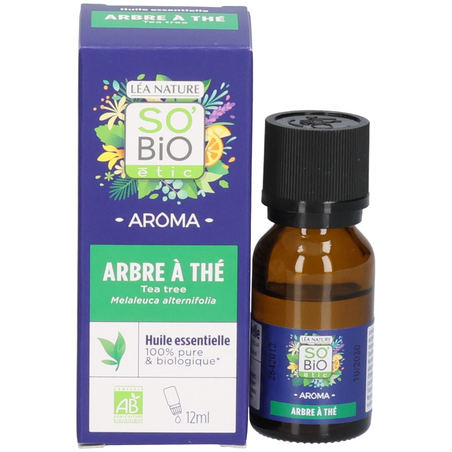 Boîte et bouteille d'huile essentielle de tea tree bio. Boîte avec logo, motifs botaniques et indication 12ml.