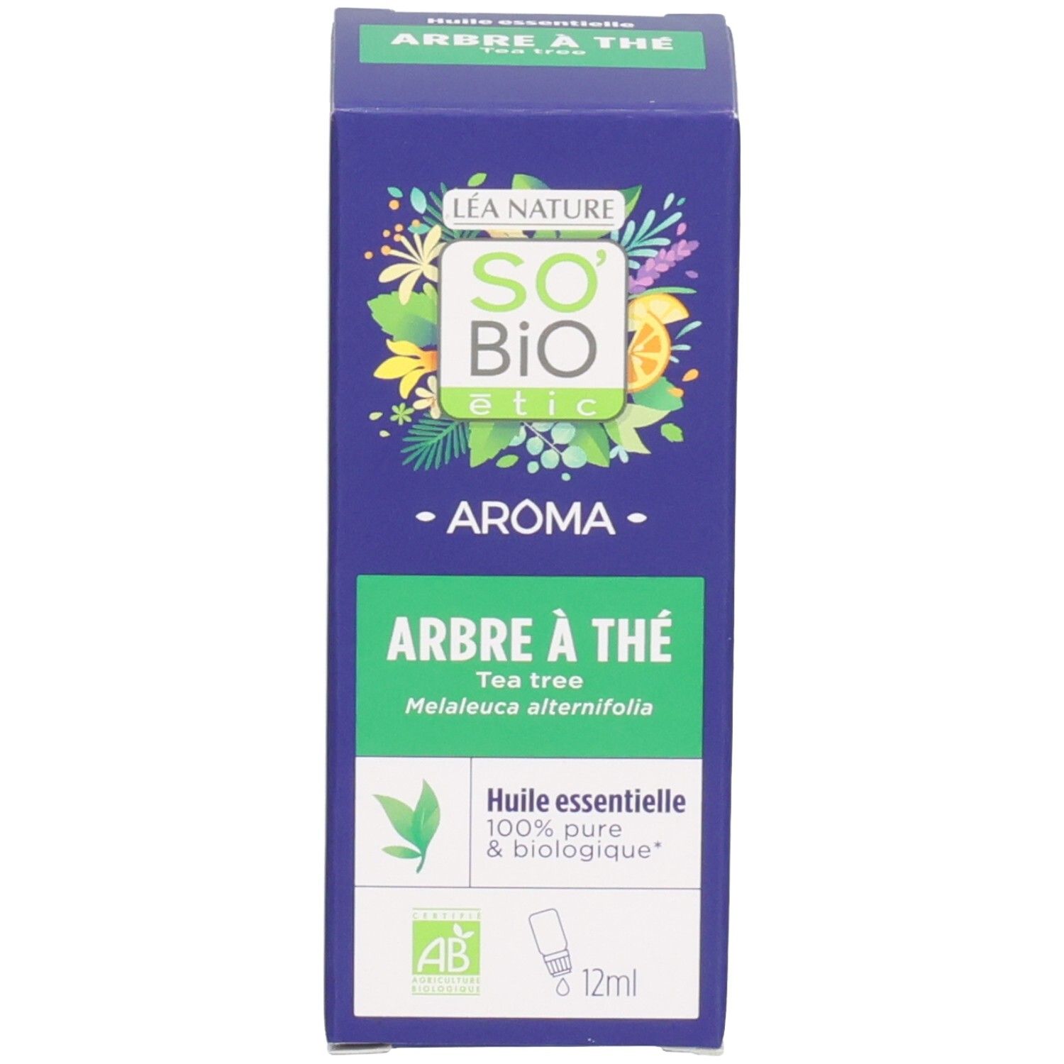 Boîte d'huile essentielle de tea tree bio. Contient un label bio et des illustrations botaniques.