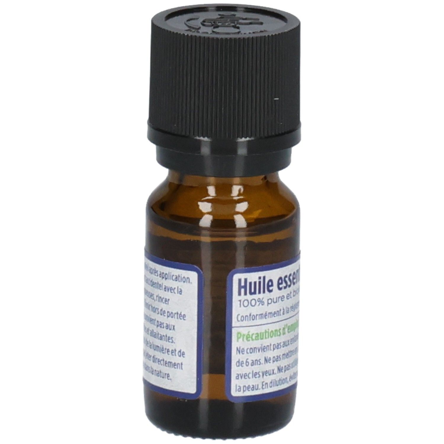 Flacon en verre brun avec bouchon noir. Étiquette : Huile essentielle, 100% pure et biologique.