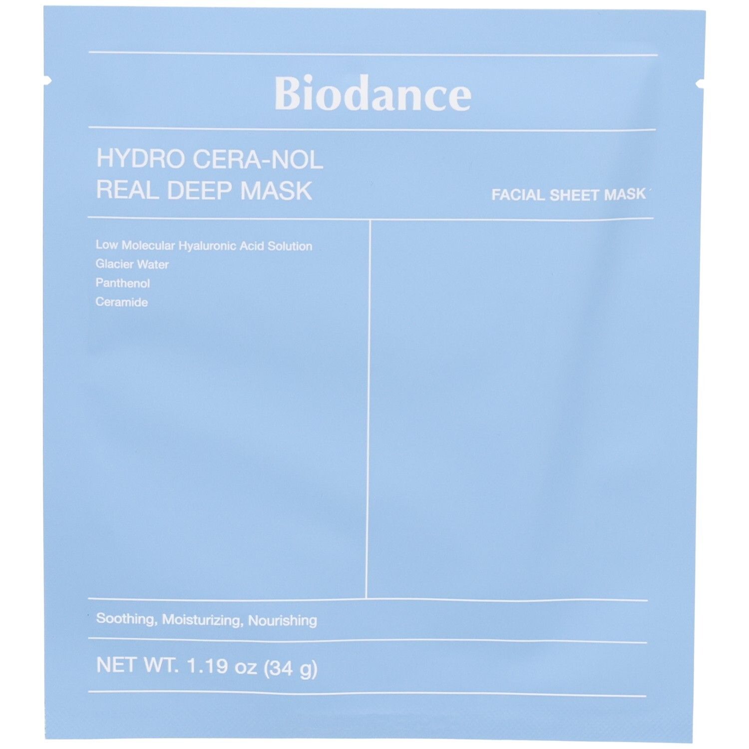 Sachet bleu clair avec informations produit. Inscription: Biodance, HYDRO CERA-NOL REAL DEEP MASK, FACIAL SHEET MASK.