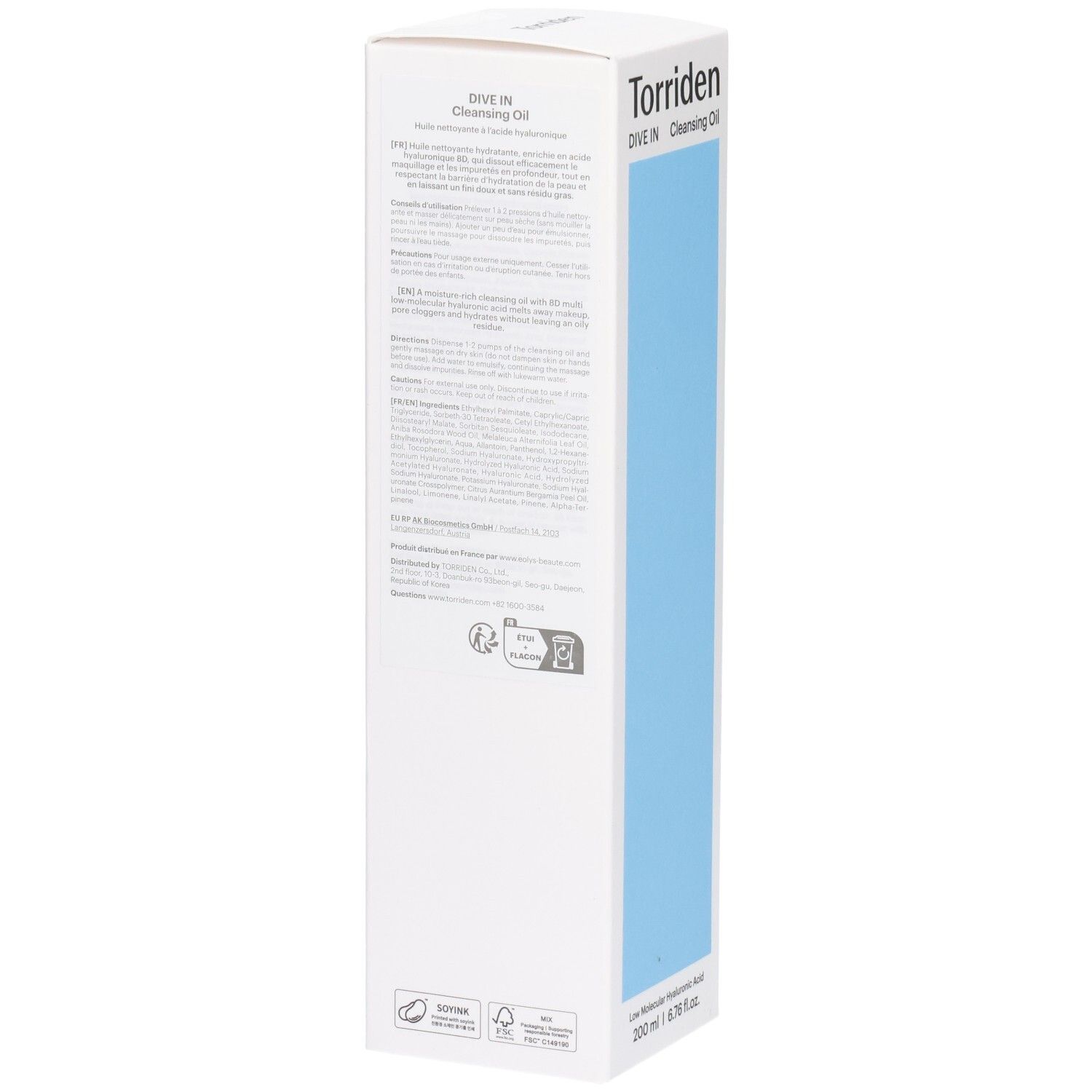 Torriden Dive-In Cleansing Oil verpakking met productinformatie en volumeaanduiding 200ml.