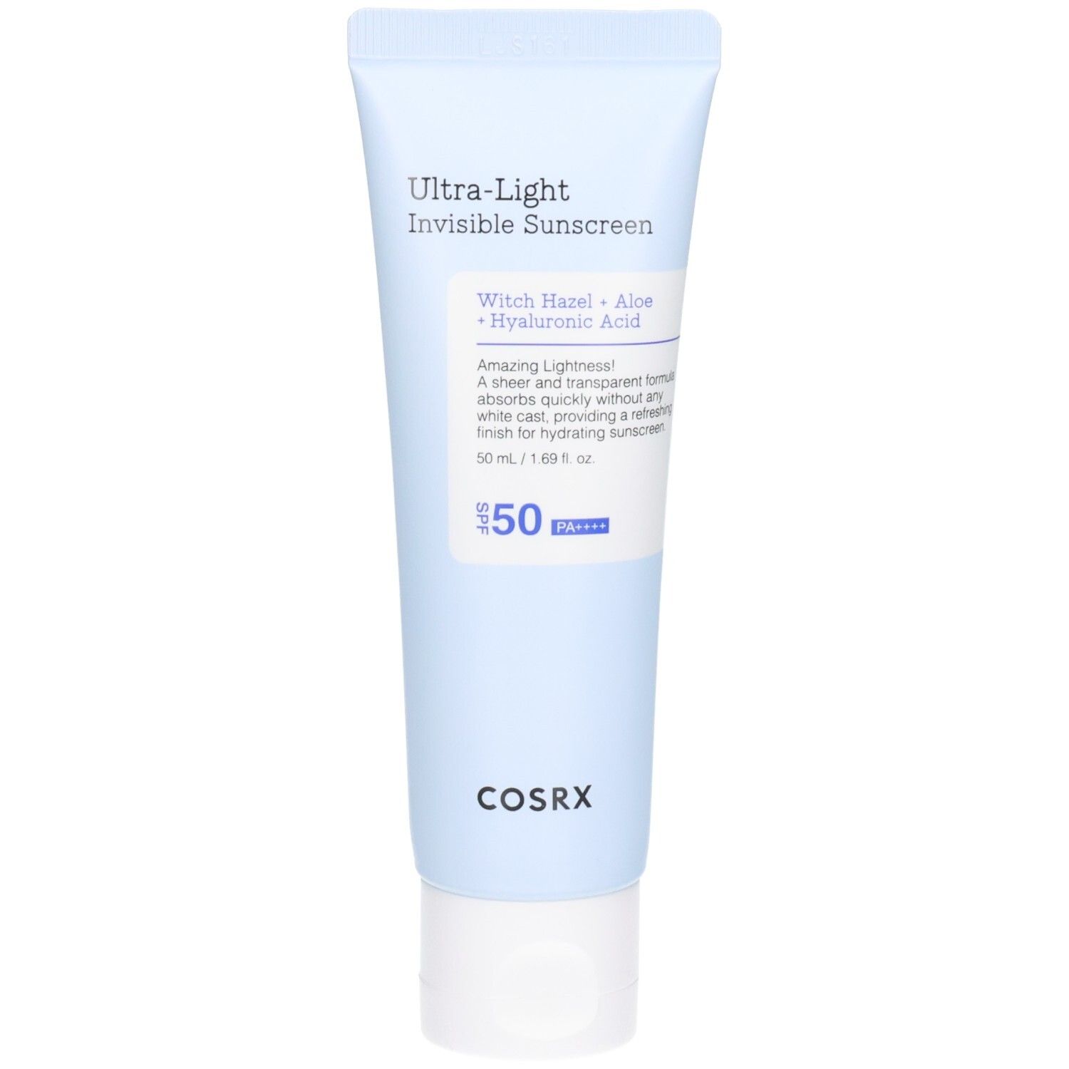 COSRX Ultra Light Invisible Sunscreen tube met SPF50+ en PA++++. Bevat toverhazelaar, aloë en hyaluronzuur.