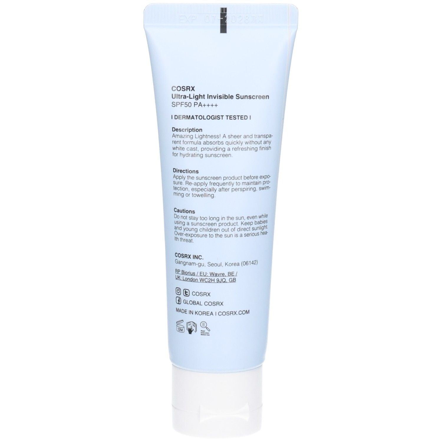Achterkant van de COSRX Ultra Light Invisible Sunscreen tube met instructies en ingrediënten. SPF50+ PA++++.