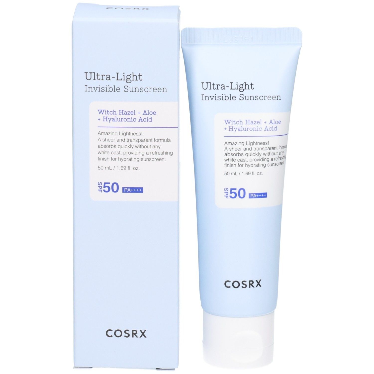 COSRX Ultra Light Invisible Sunscreen tube en kartonnen doos. SPF50+ PA++++. Bevat toverhazelaar, aloë, hyaluronzuur.