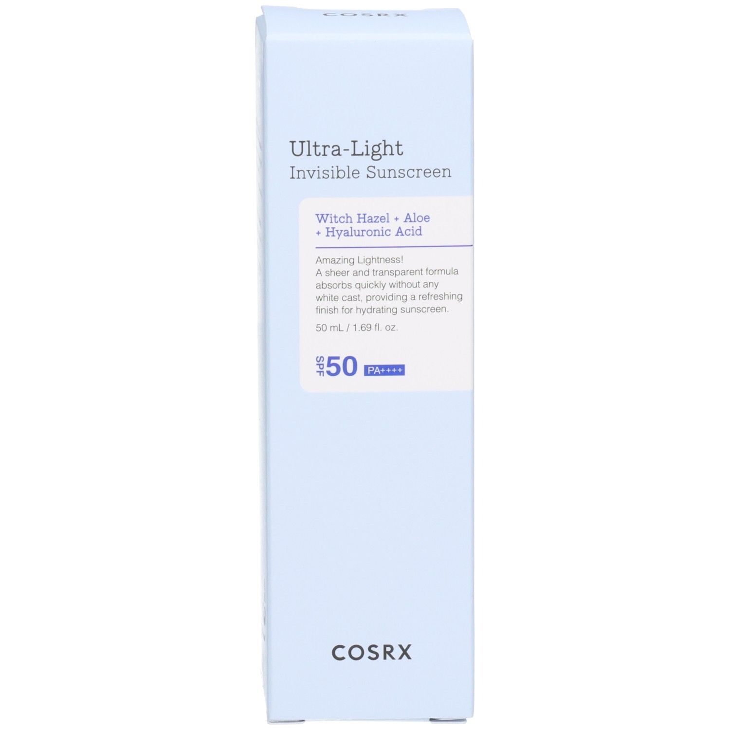 Kartonnen doos COSRX Ultra Light Invisible Sunscreen. Voorkant met productnaam en ingrediënten. SPF50+ PA++++.