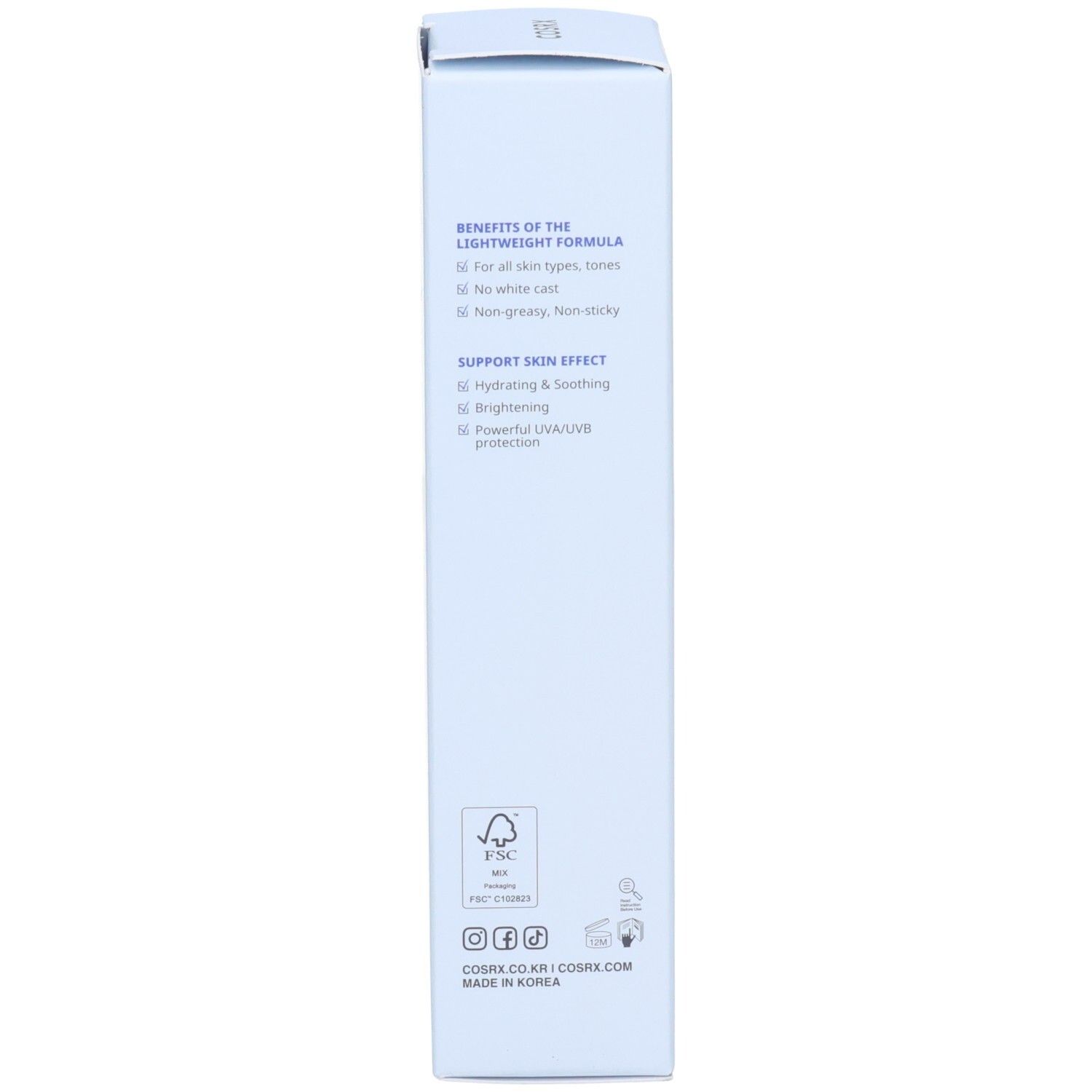 Zijde van de COSRX Ultra Light Invisible Sunscreen kartonnen doos met voordelen en huideffecten. SPF50+ PA++++.